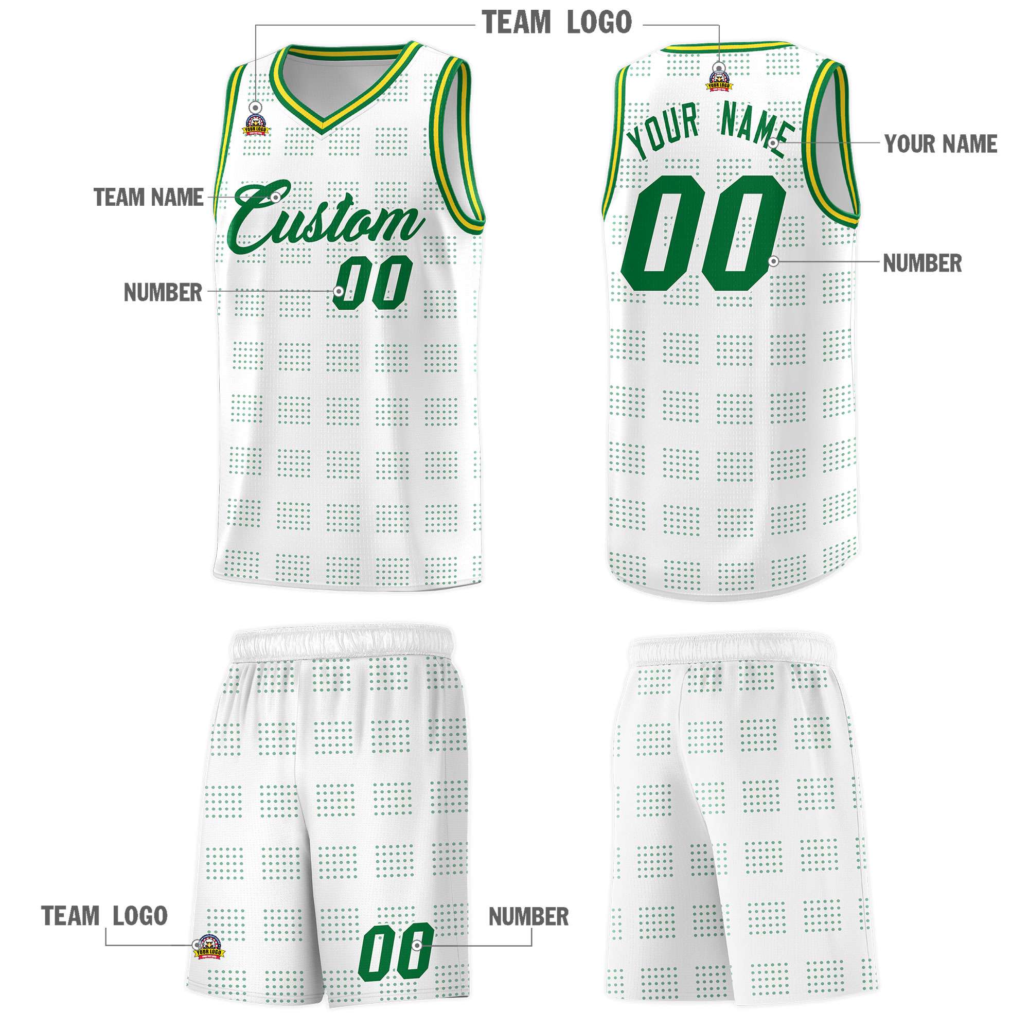 Custom White Kelly Green Trailblazer Dot Pattern Sports Uniform Basketball Jersey