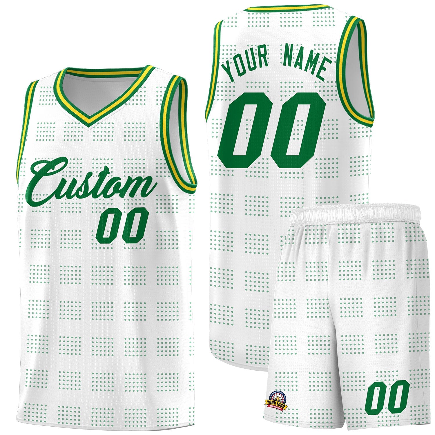 Custom White Kelly Green Trailblazer Dot Pattern Sports Uniform Basketball Jersey