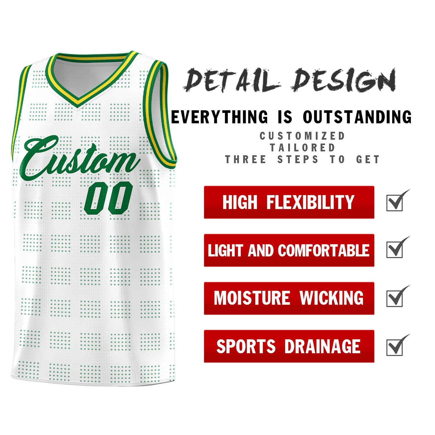 Custom White Kelly Green Trailblazer Dot Pattern Sports Uniform Basketball Jersey