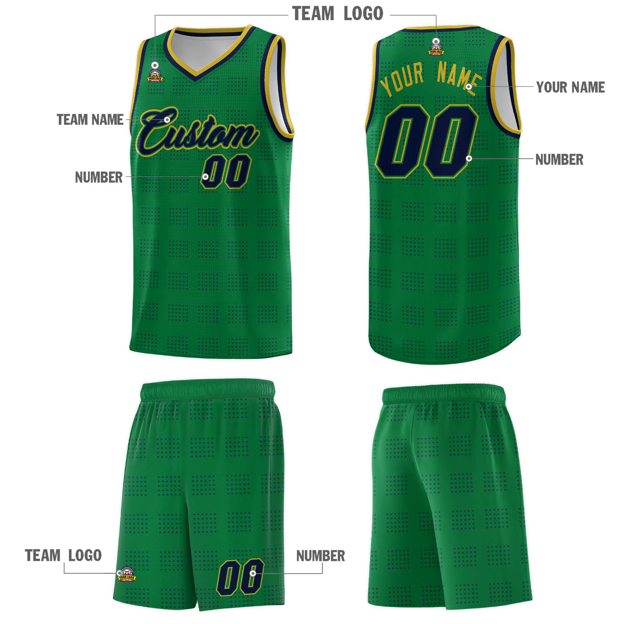 Custom Kelly Green Navy Trailblazer Dot Pattern Sports Uniform Basketball Jersey