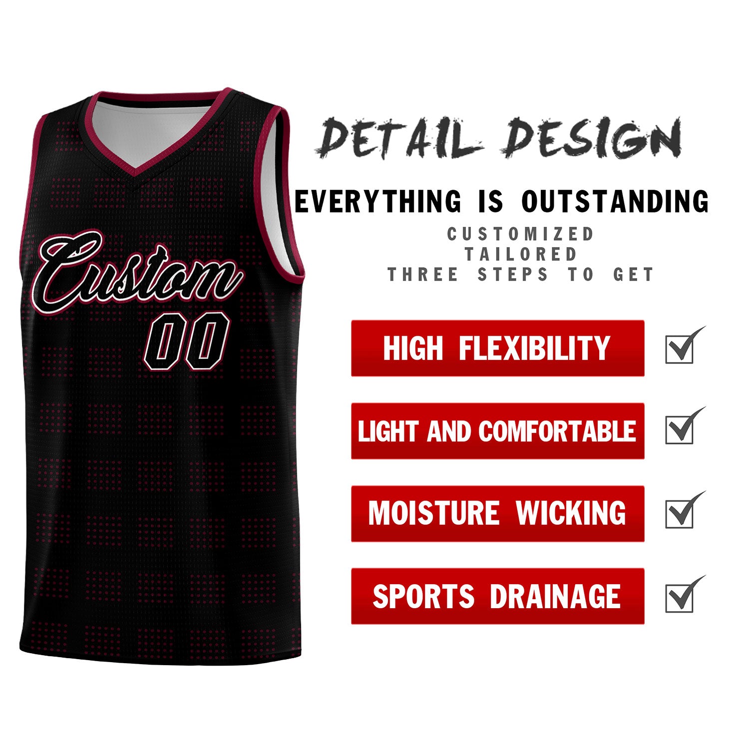 Custom Black Crimson Trailblazer Dot Pattern Sports Uniform Basketball Jersey