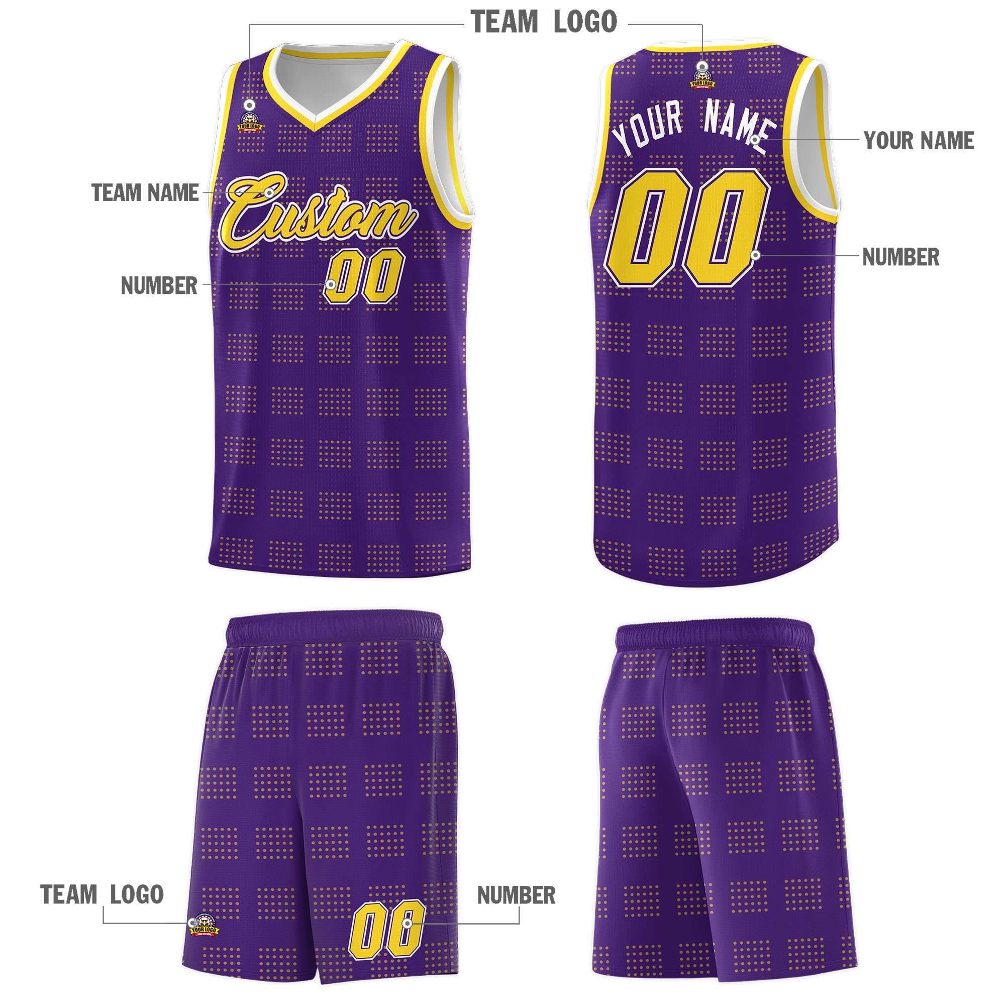 Custom Purple Gold Trailblazer Dot Pattern Sports Uniform Basketball Jersey