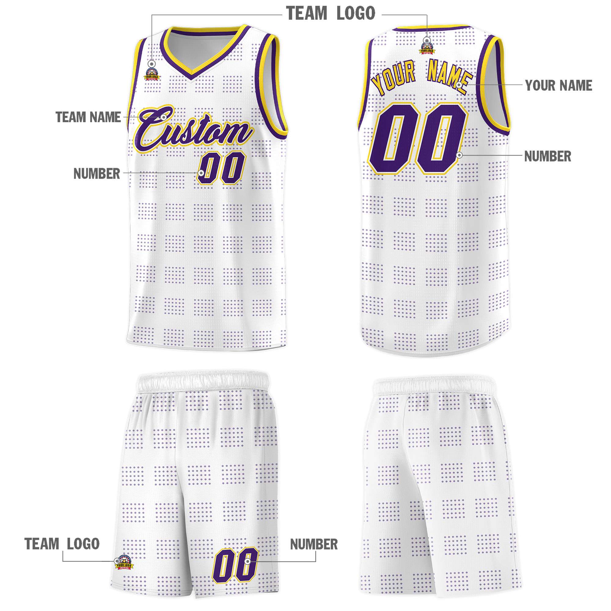 Custom White Purple Trailblazer Dot Pattern Sports Uniform Basketball Jersey