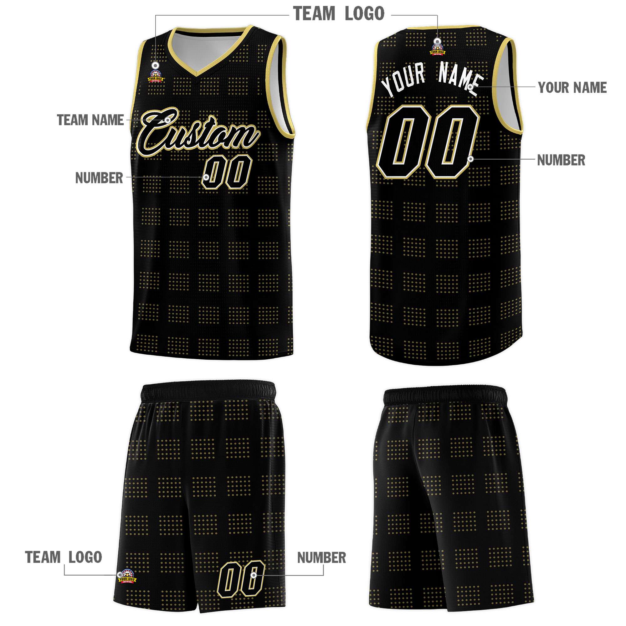 Custom Black Old Gold Trailblazer Dot Pattern Sports Uniform Basketball Jersey