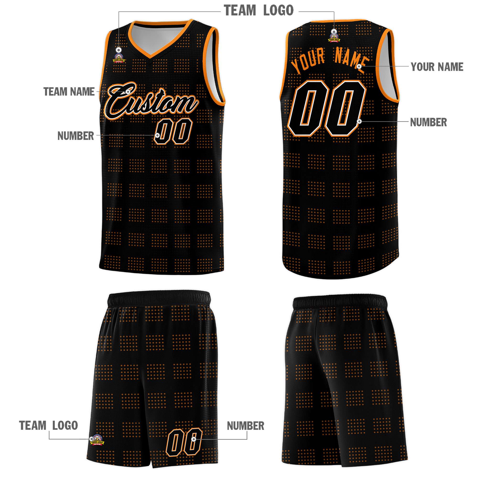 Custom Black Orange Trailblazer Dot Pattern Sports Uniform Basketball Jersey