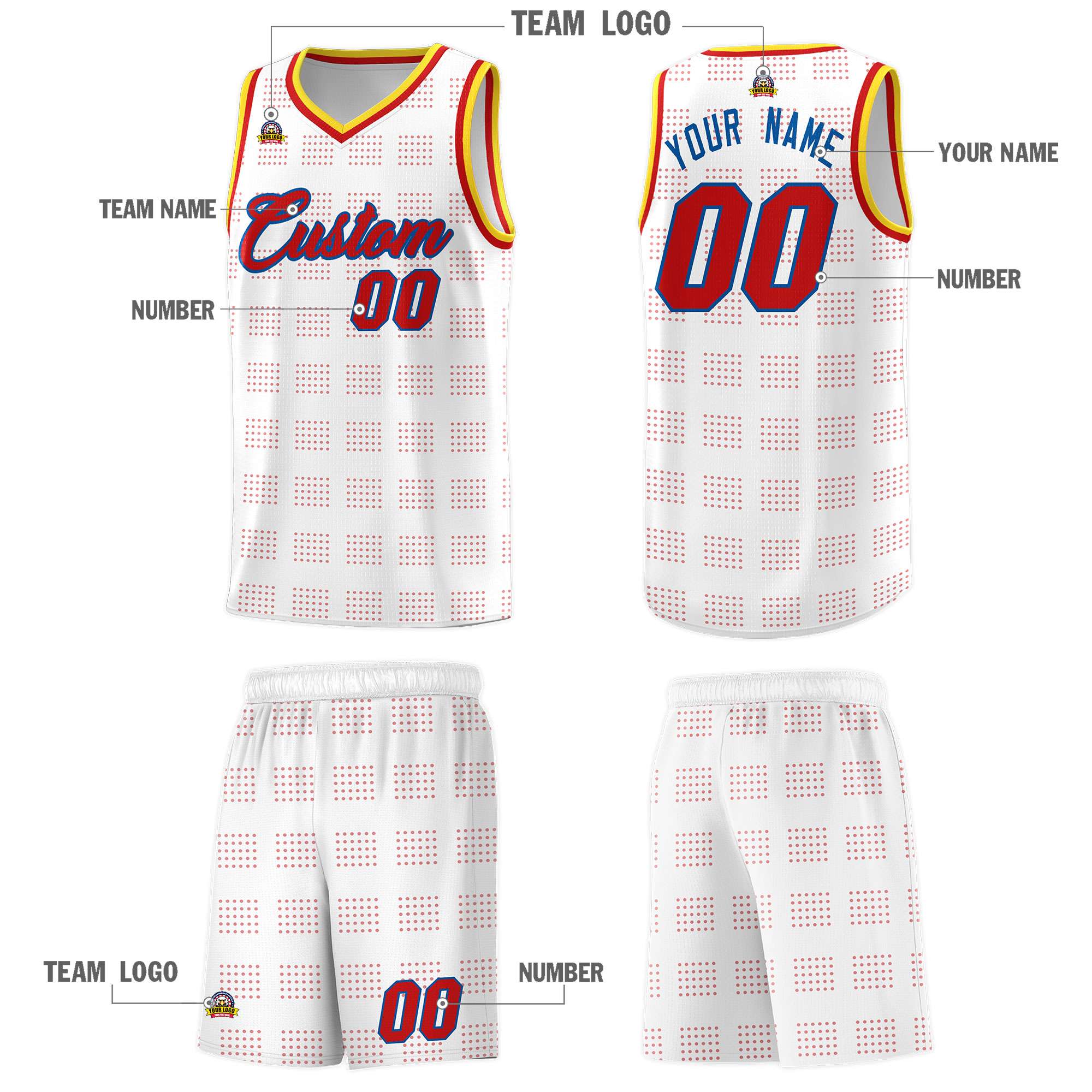 Custom White Red Trailblazer Dot Pattern Sports Uniform Basketball Jersey