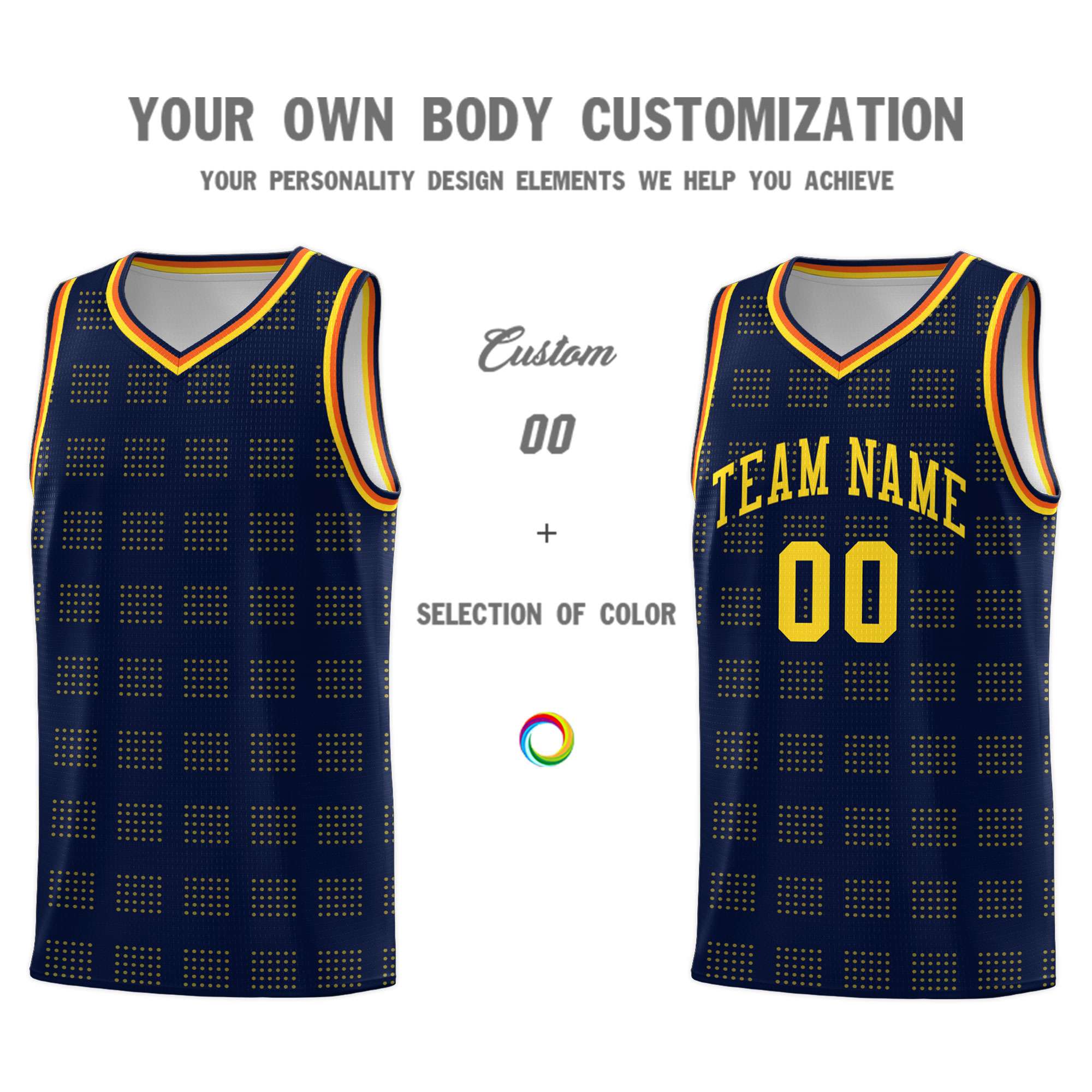 Custom Navy Gold Trailblazer Dot Pattern Sports Uniform Basketball Jersey