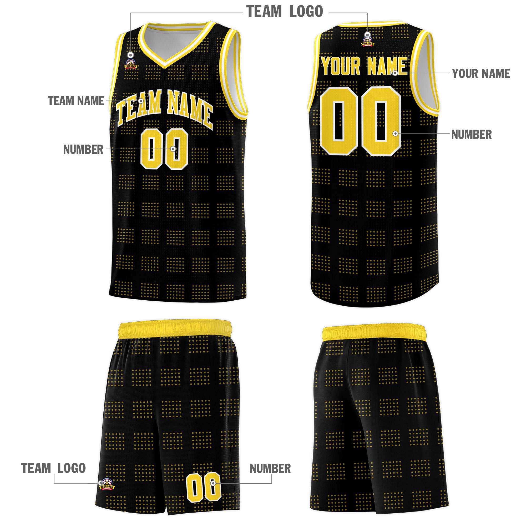 Custom Black Gold Trailblazer Dot Pattern Sports Uniform Basketball Jersey