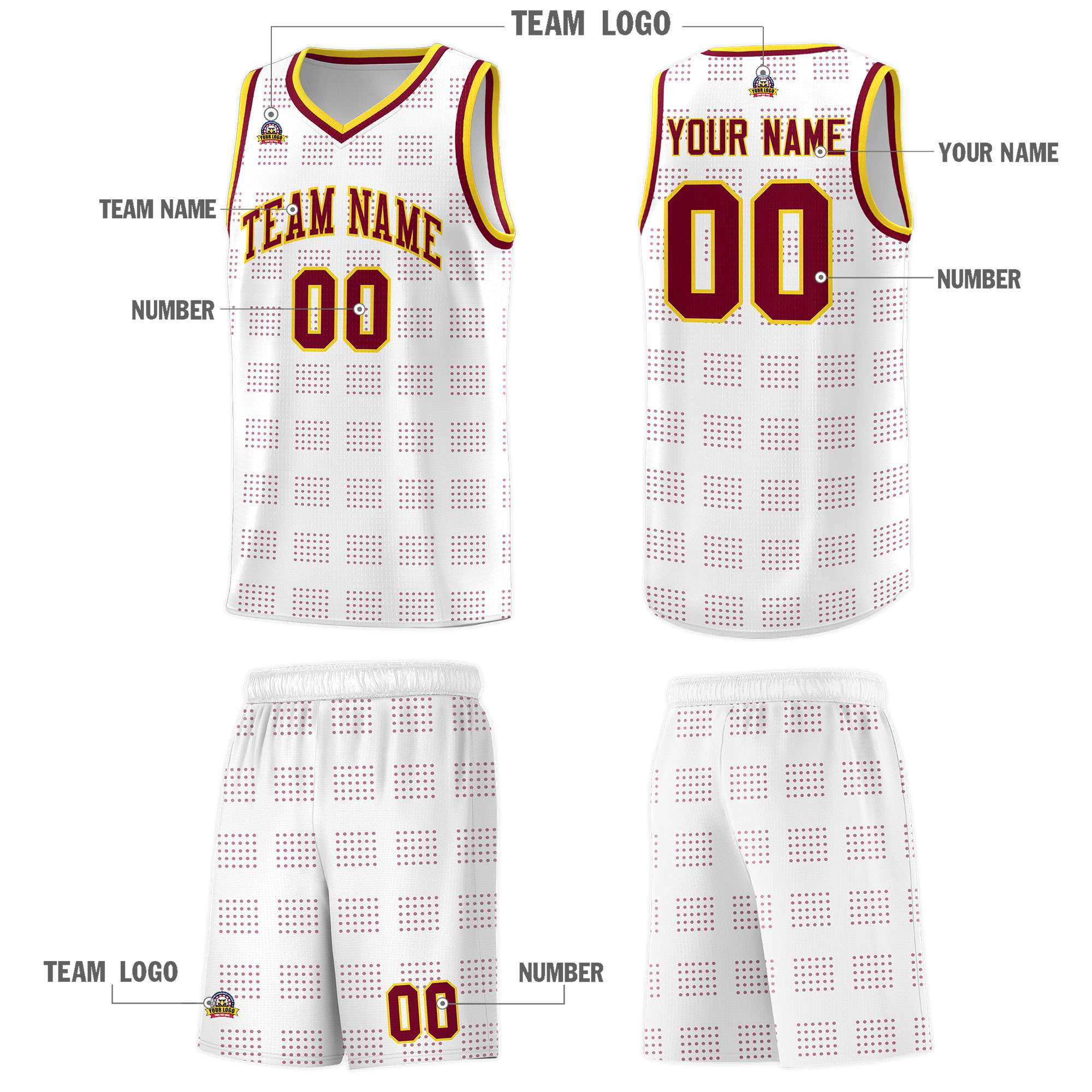 Custom White Crimson Trailblazer Dot Pattern Sports Uniform Basketball Jersey