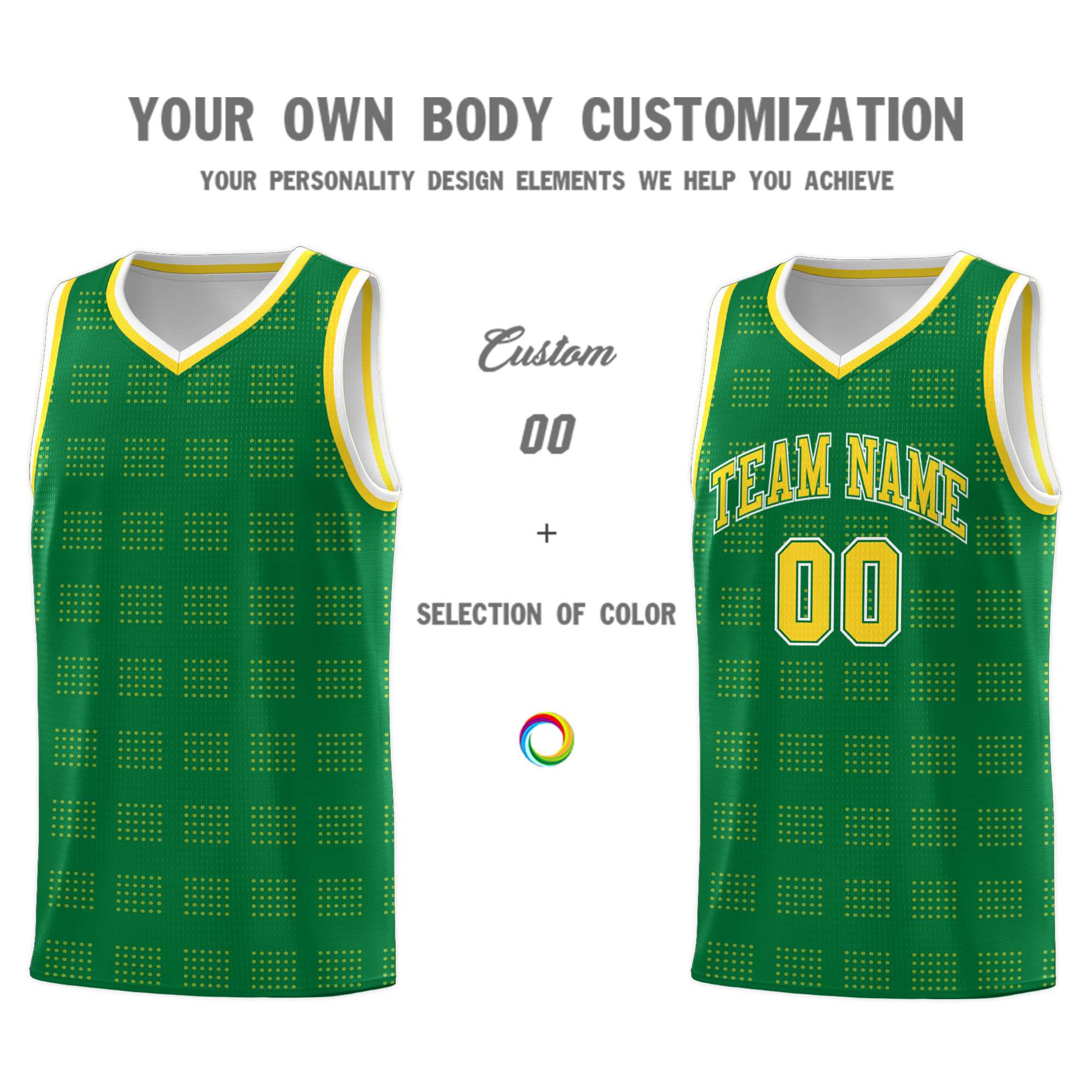 Custom Kelly Green Gold Trailblazer Dot Pattern Sports Uniform Basketball Jersey