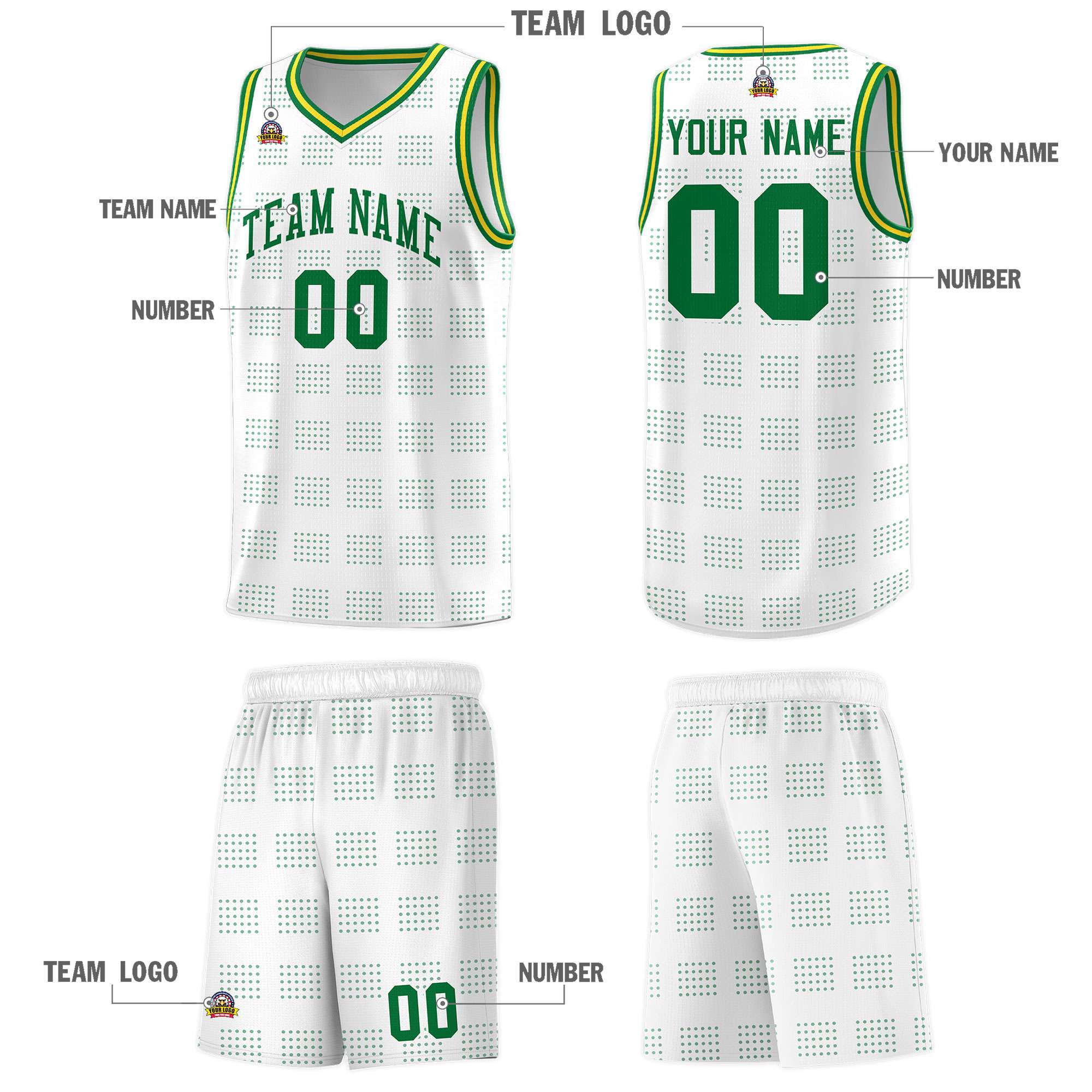 Custom White Kelly Green Trailblazer Dot Pattern Sports Uniform Basketball Jersey