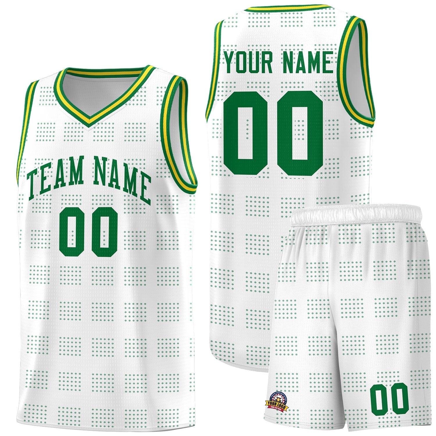 Custom White Kelly Green Trailblazer Dot Pattern Sports Uniform Basketball Jersey