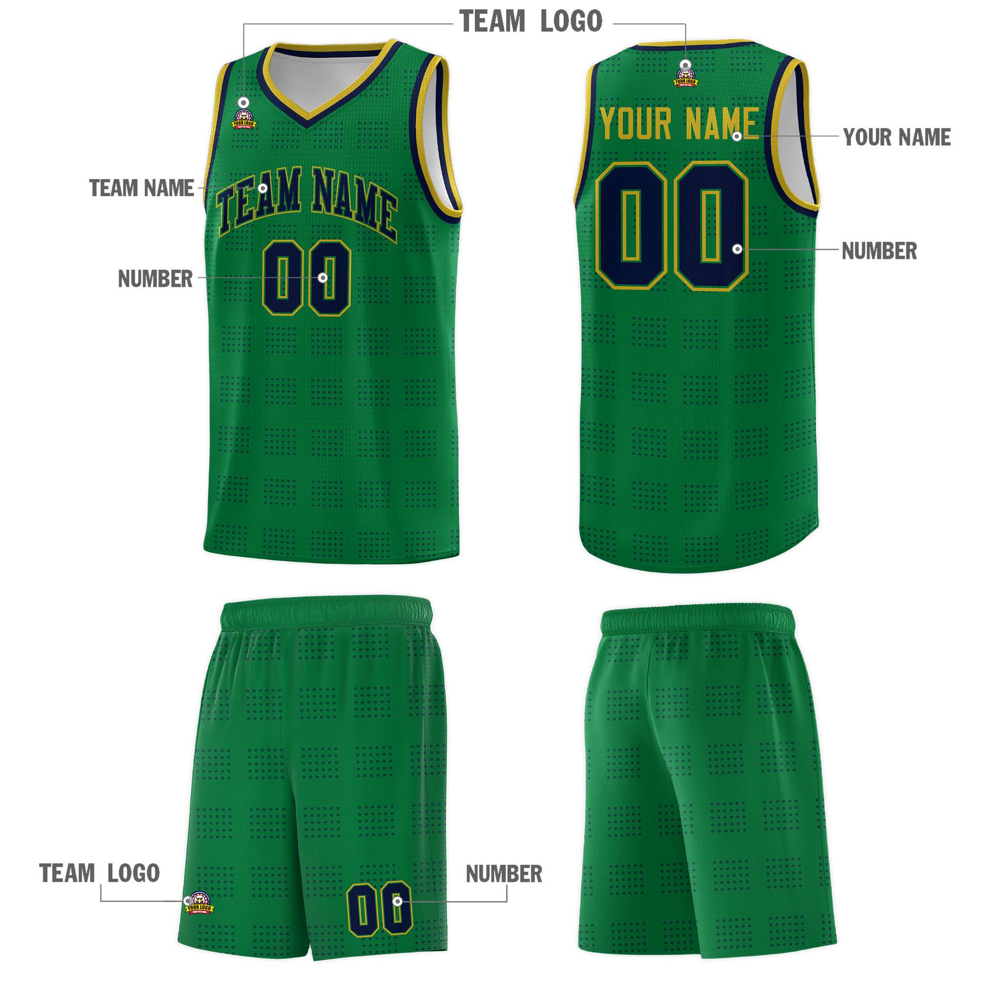 Custom Kelly Green Navy Trailblazer Dot Pattern Sports Uniform Basketball Jersey