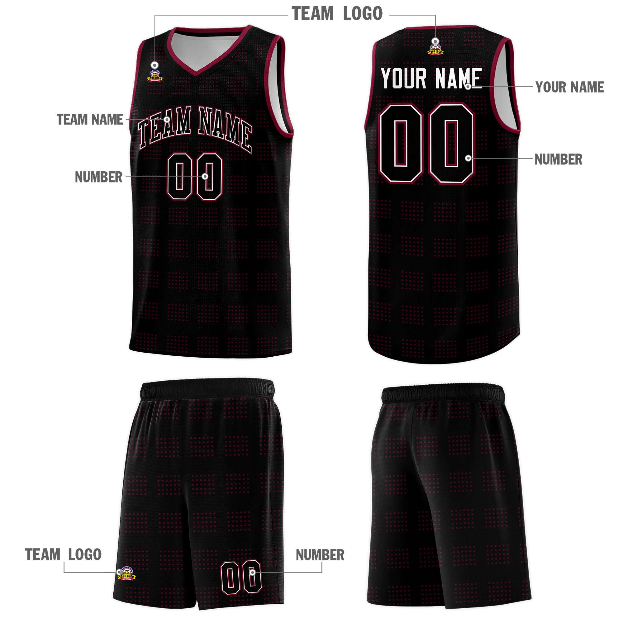 Custom Black Crimson Trailblazer Dot Pattern Sports Uniform Basketball Jersey