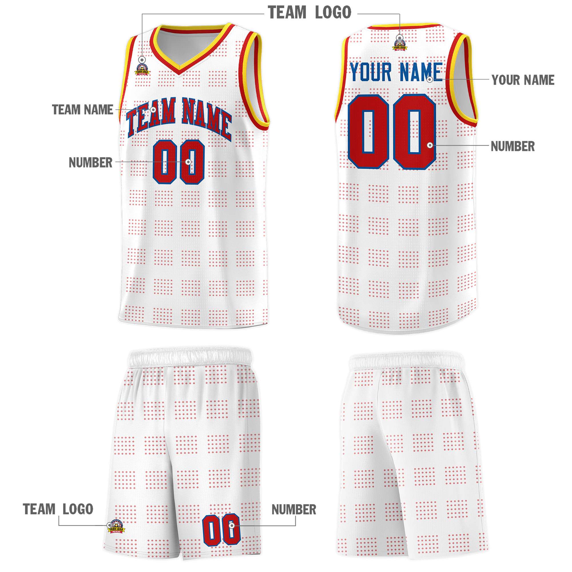 Custom White Red Trailblazer Dot Pattern Sports Uniform Basketball Jersey