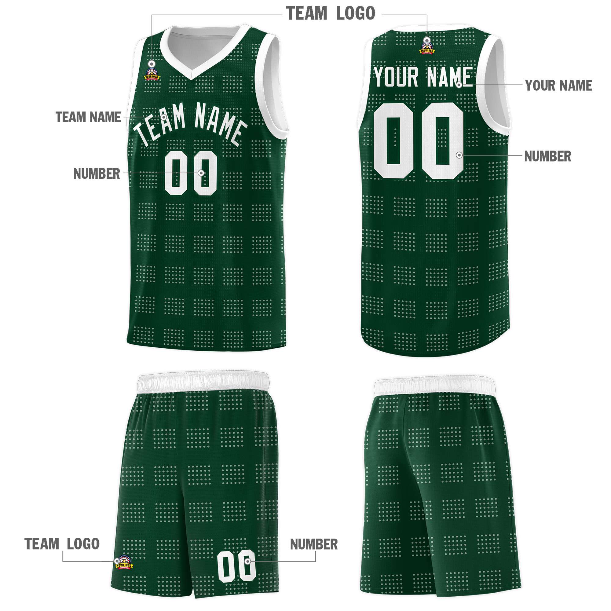 Custom Hunter Green White Trailblazer Dot Pattern Sports Uniform Basketball Jersey