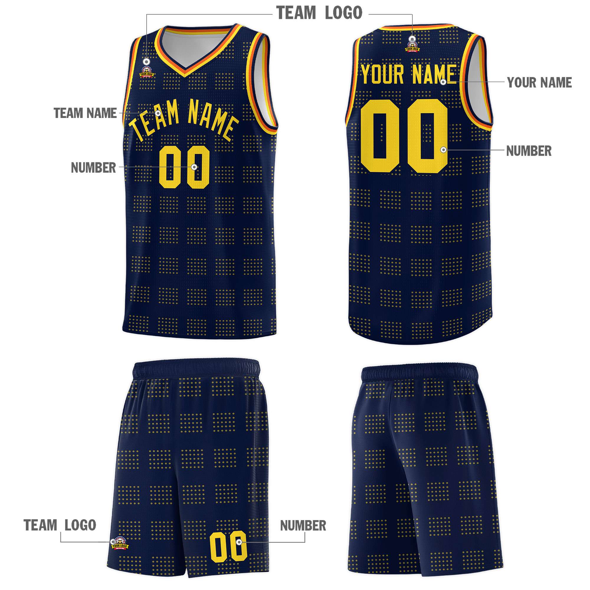 Custom Navy Gold Trailblazer Dot Pattern Sports Uniform Basketball Jersey