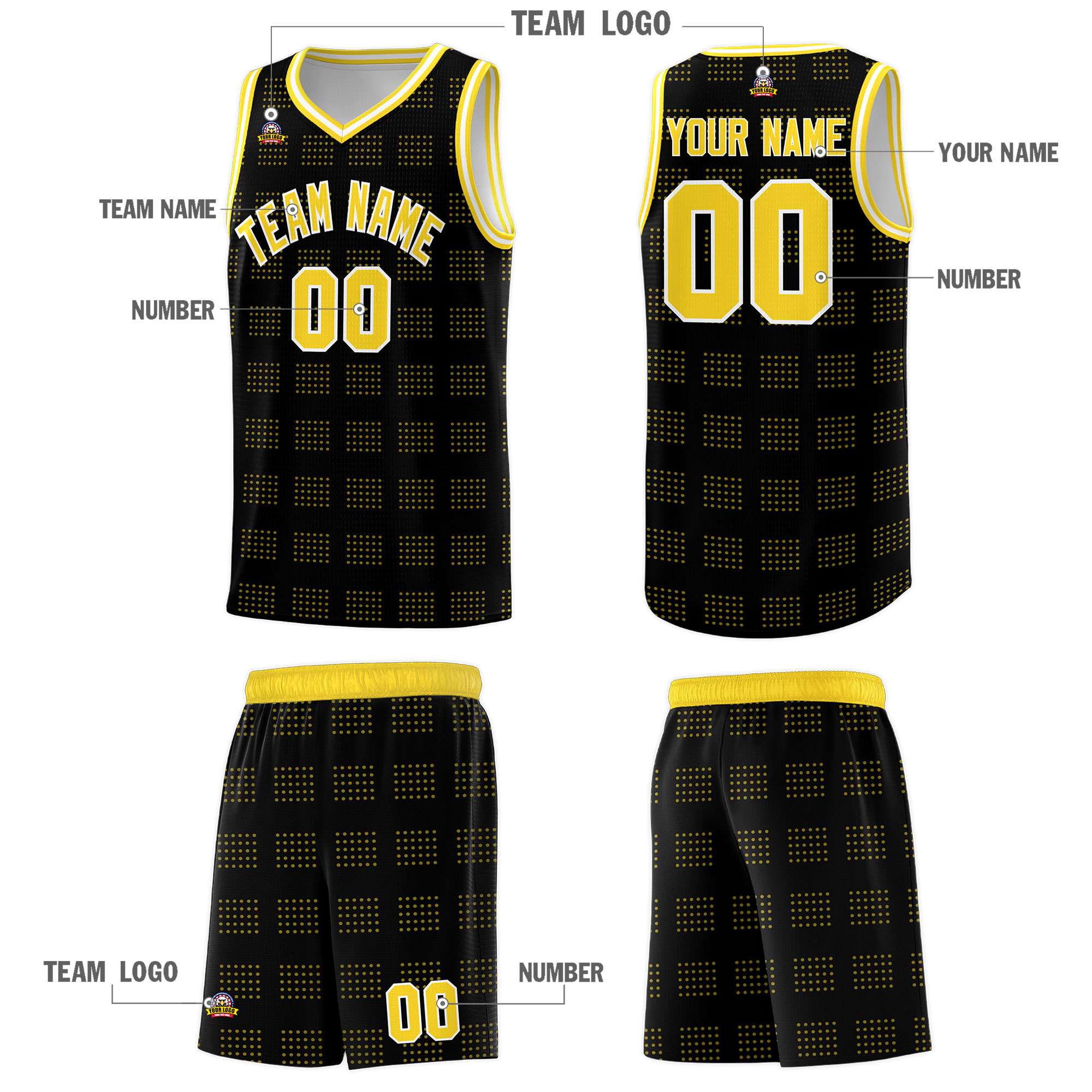 Custom Black Gold Trailblazer Dot Pattern Sports Uniform Basketball Jersey