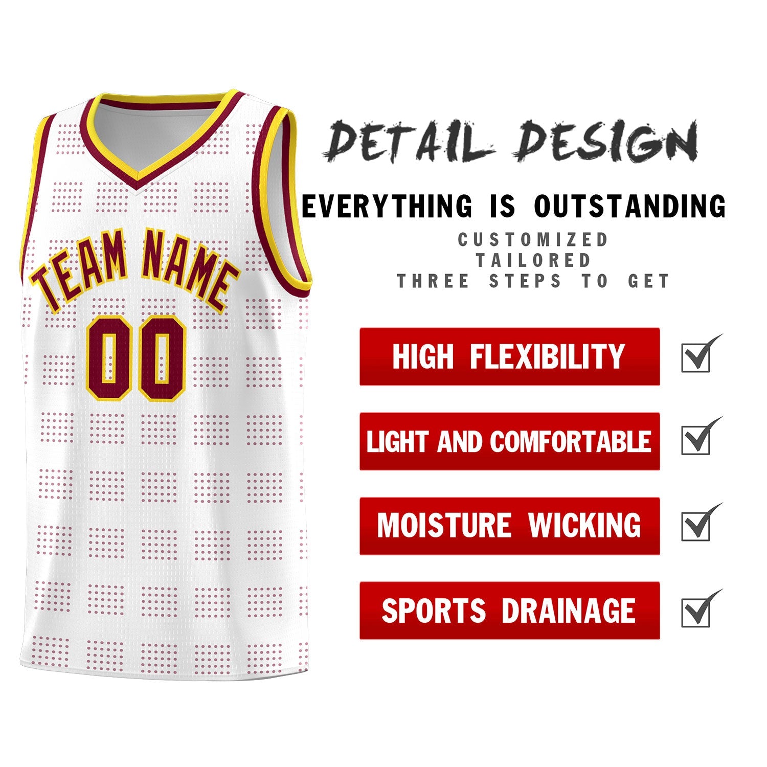 Custom White Crimson Trailblazer Dot Pattern Sports Uniform Basketball Jersey