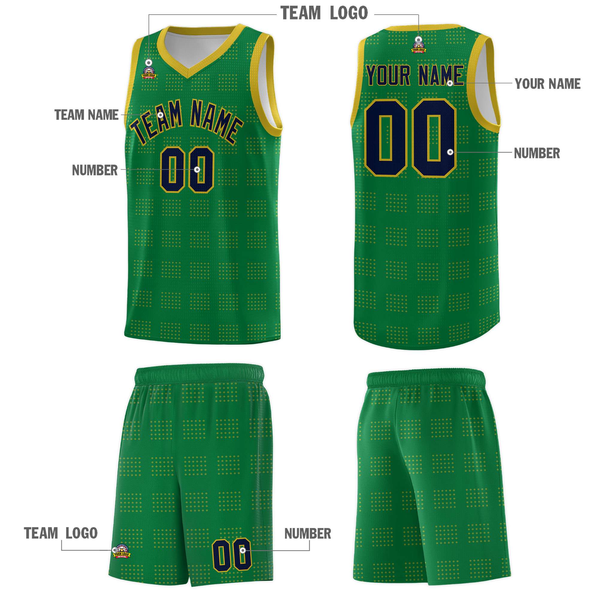 Custom Kelly Green Old Gold Trailblazer Dot Pattern Sports Uniform Basketball Jersey