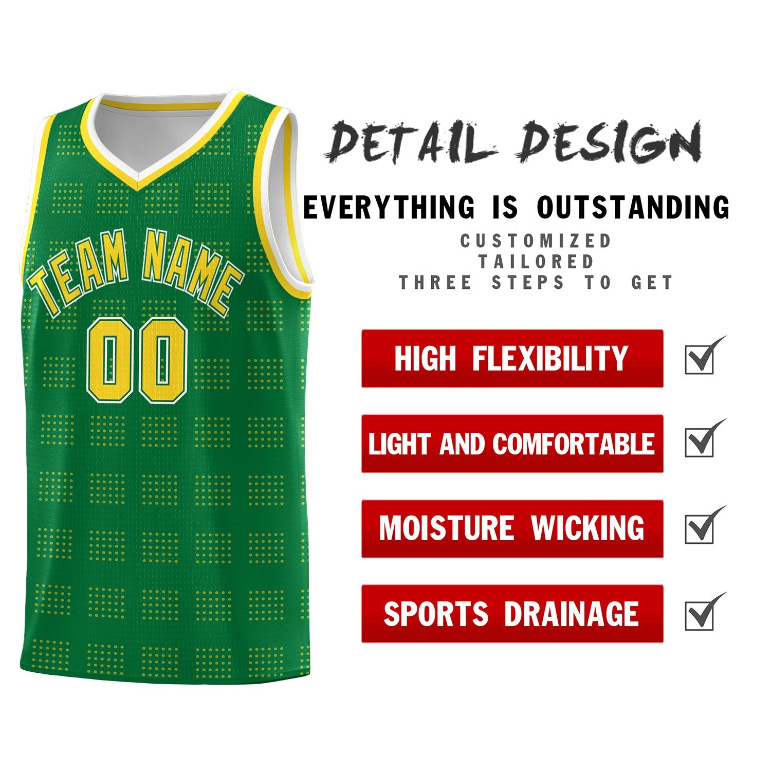 Custom Kelly Green Gold Trailblazer Dot Pattern Sports Uniform Basketball Jersey