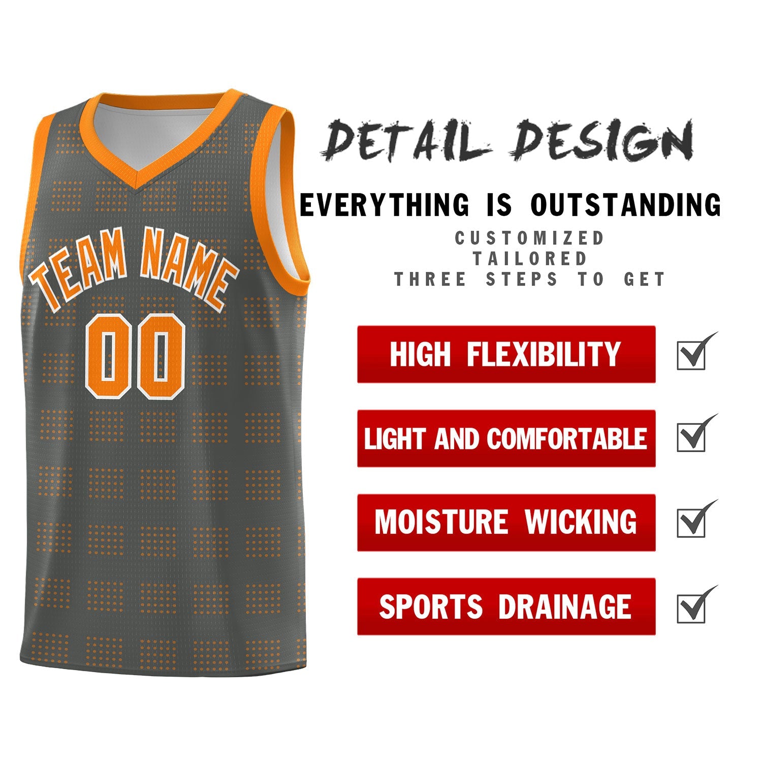 Custom Dark Gray Orange Trailblazer Dot Pattern Sports Uniform Basketball Jersey