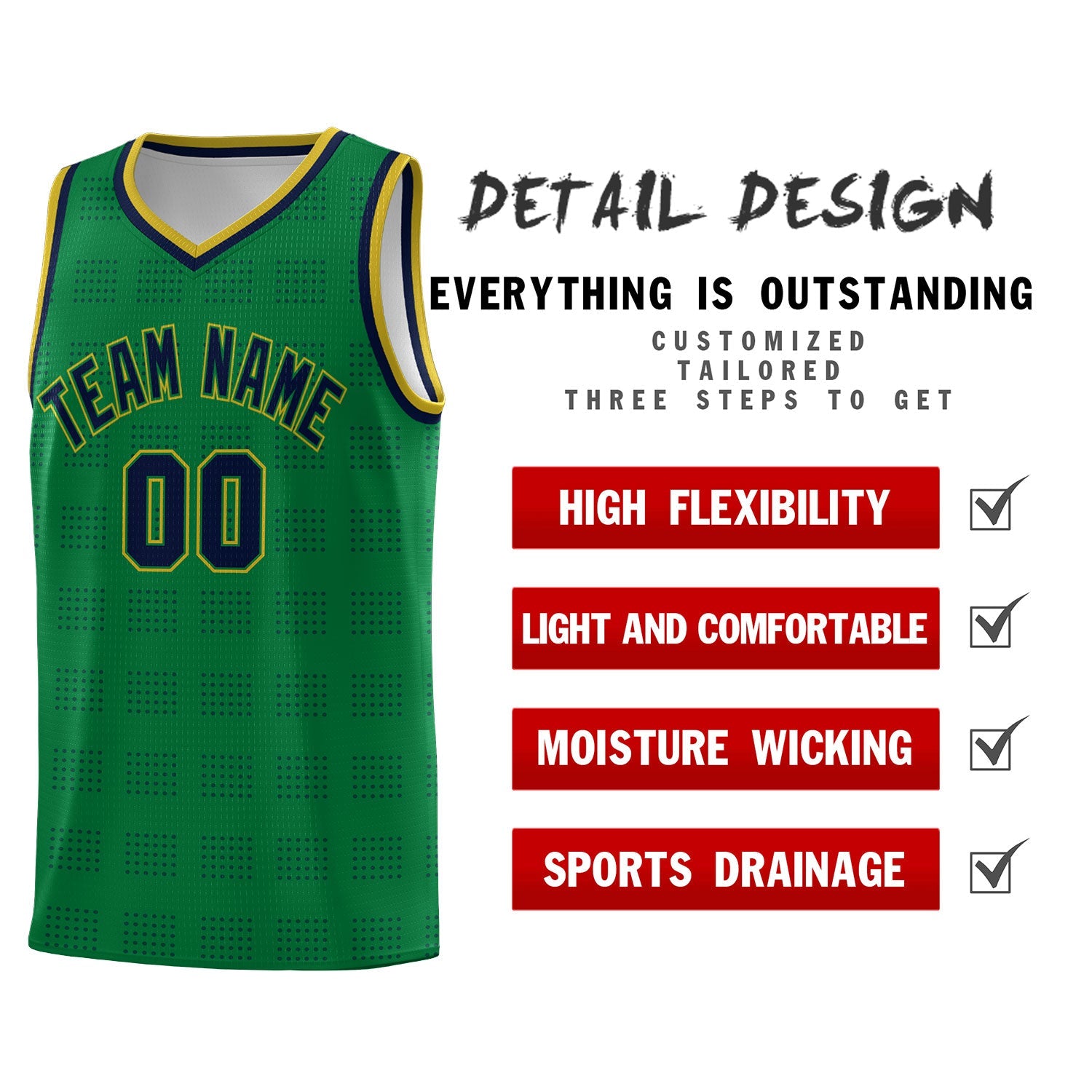 Custom Kelly Green Navy Trailblazer Dot Pattern Sports Uniform Basketball Jersey