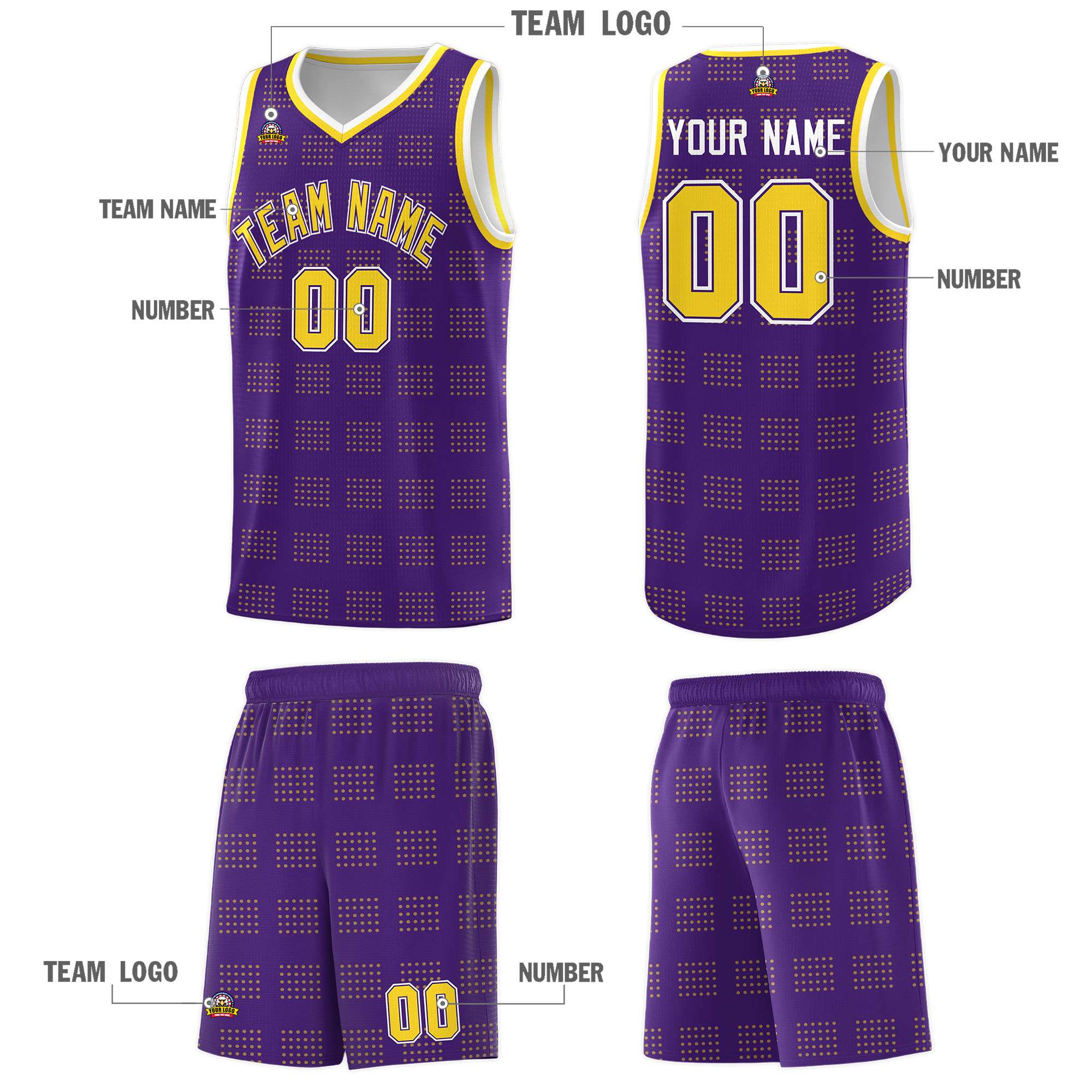 Custom Purple Gold Trailblazer Dot Pattern Sports Uniform Basketball Jersey