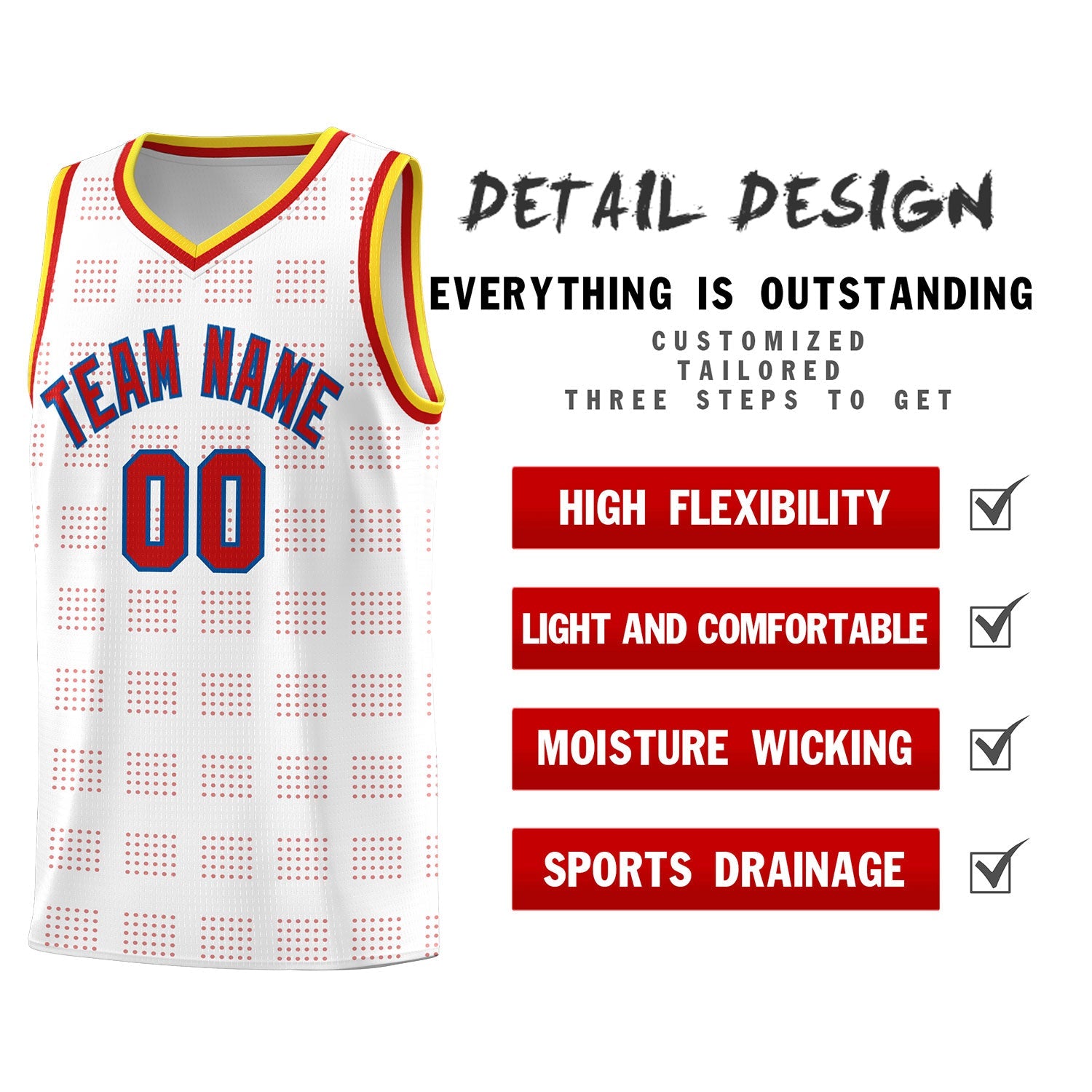 Custom White Red Trailblazer Dot Pattern Sports Uniform Basketball Jersey