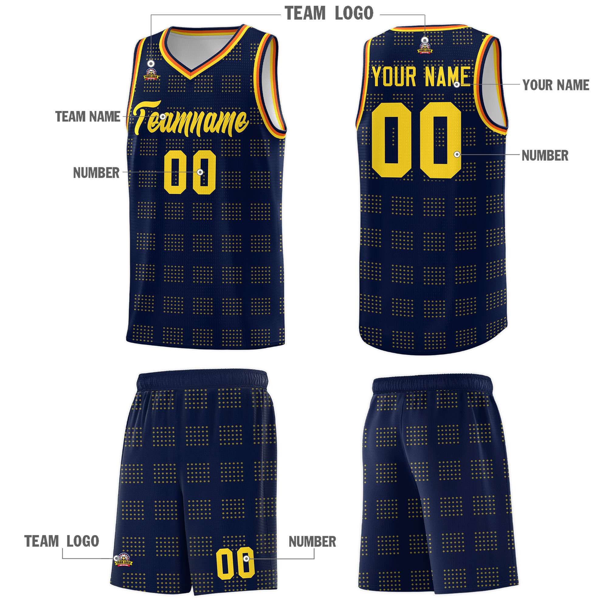 Custom Navy Gold Trailblazer Dot Pattern Sports Uniform Basketball Jersey