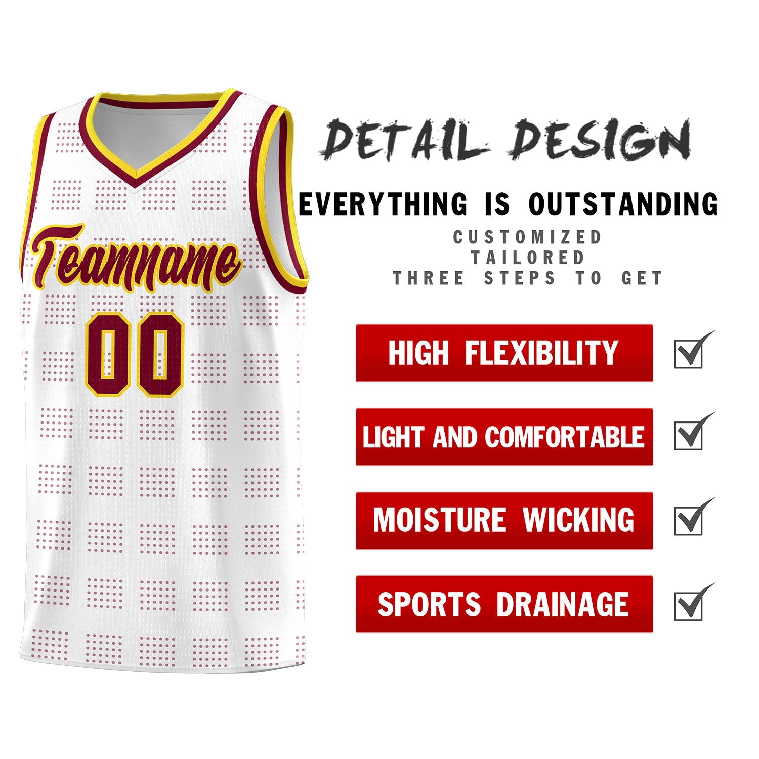 Custom White Crimson Trailblazer Dot Pattern Sports Uniform Basketball Jersey