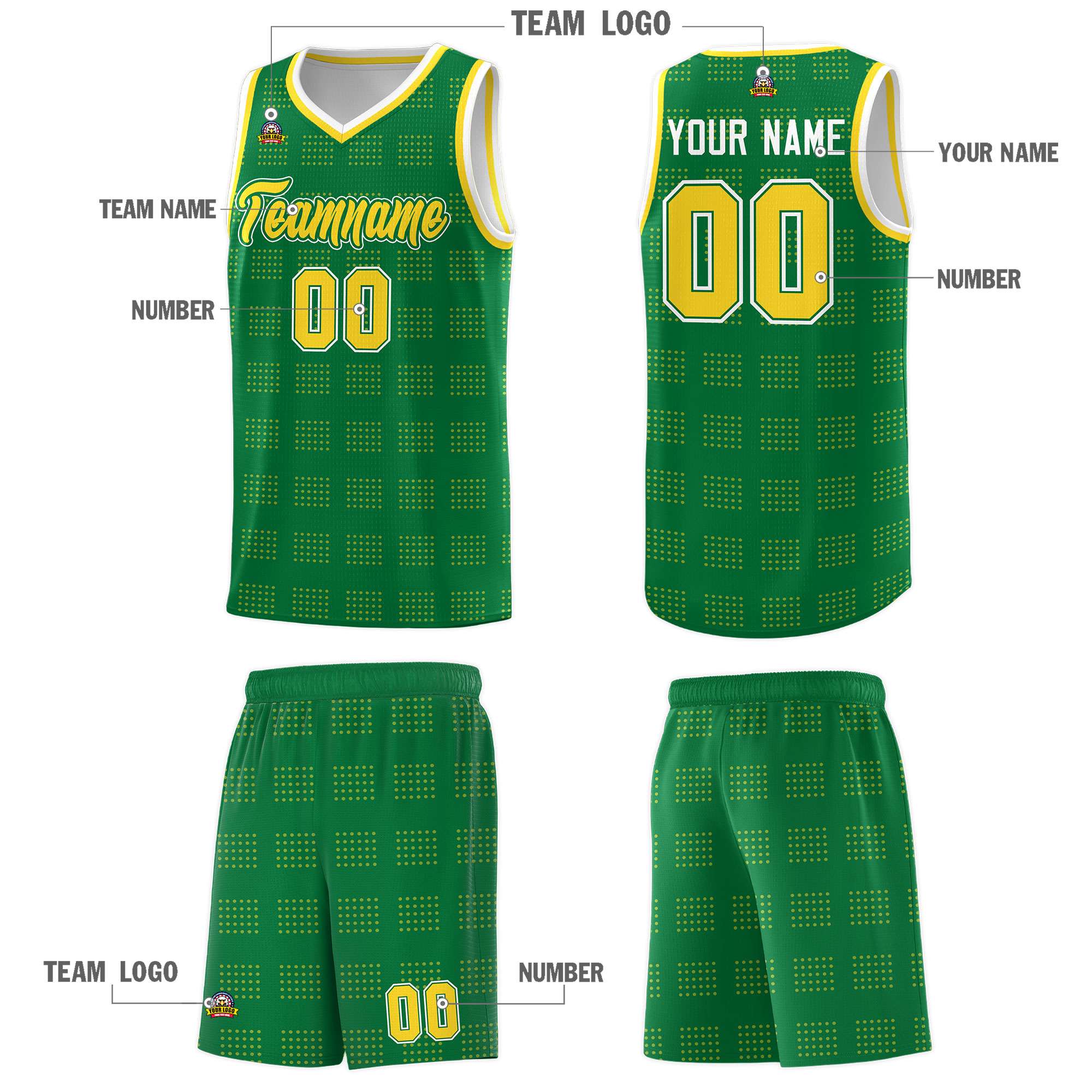 Custom Kelly Green Gold Trailblazer Dot Pattern Sports Uniform Basketball Jersey