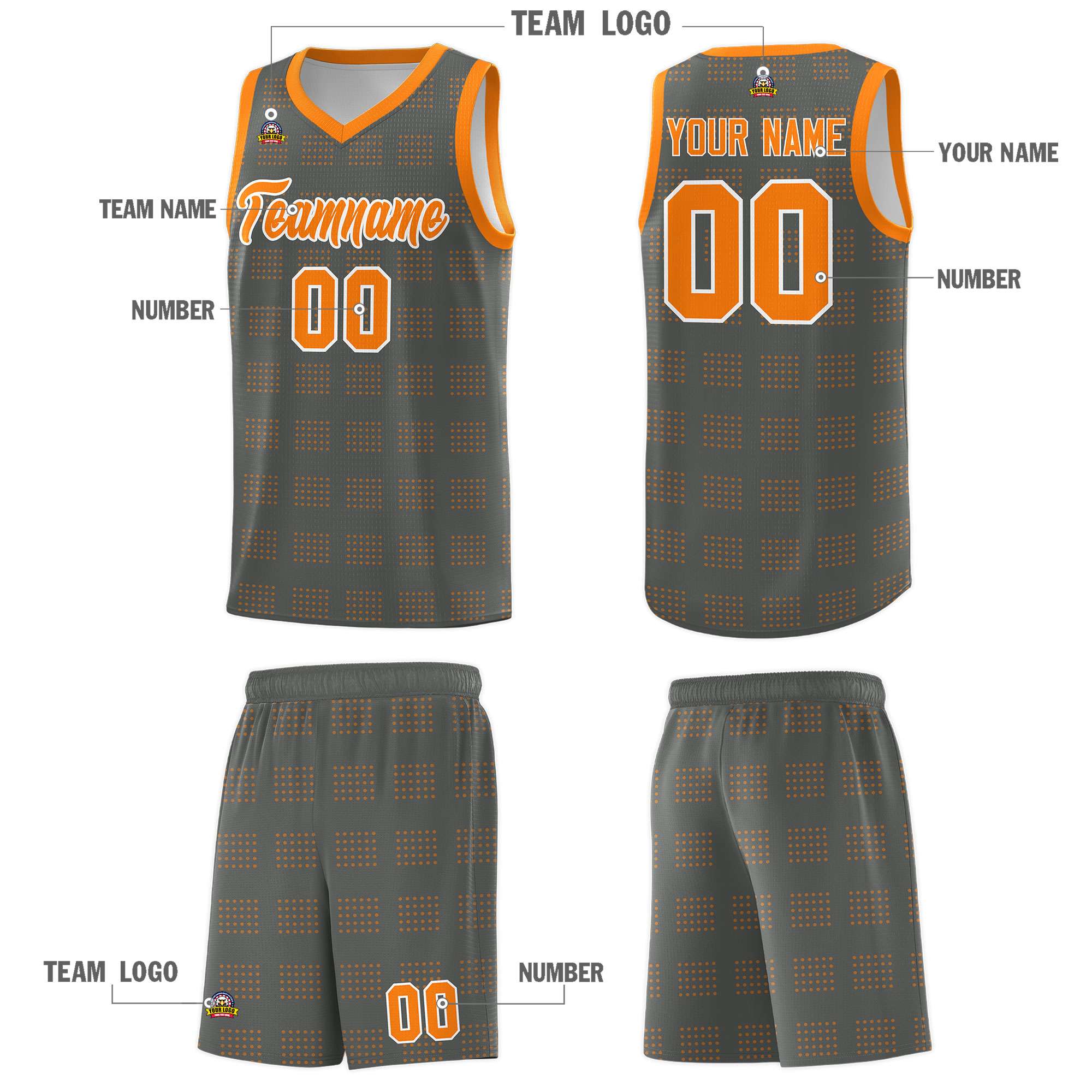 Custom Dark Gray Orange Trailblazer Dot Pattern Sports Uniform Basketball Jersey