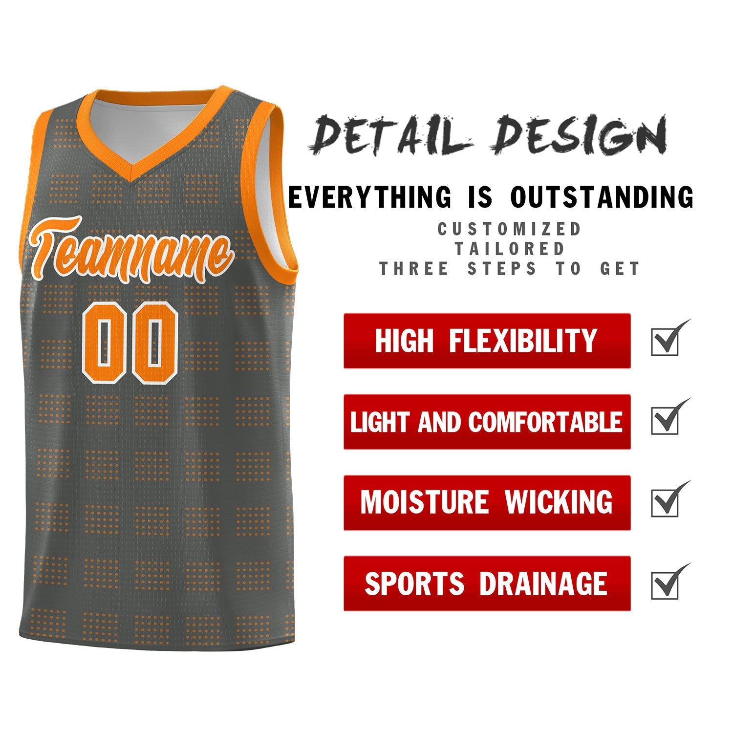 Custom Dark Gray Orange Trailblazer Dot Pattern Sports Uniform Basketball Jersey