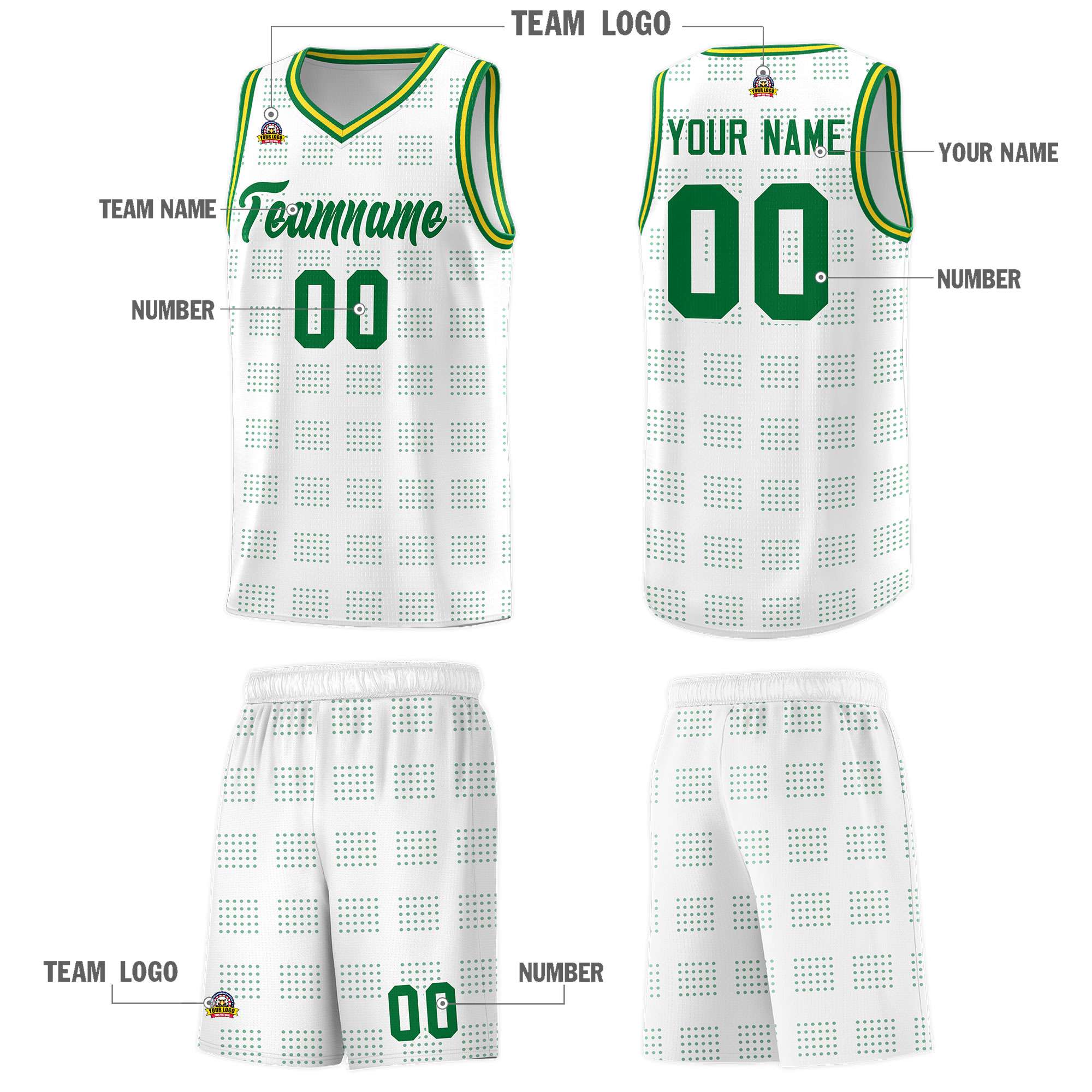 Custom White Kelly Green Trailblazer Dot Pattern Sports Uniform Basketball Jersey