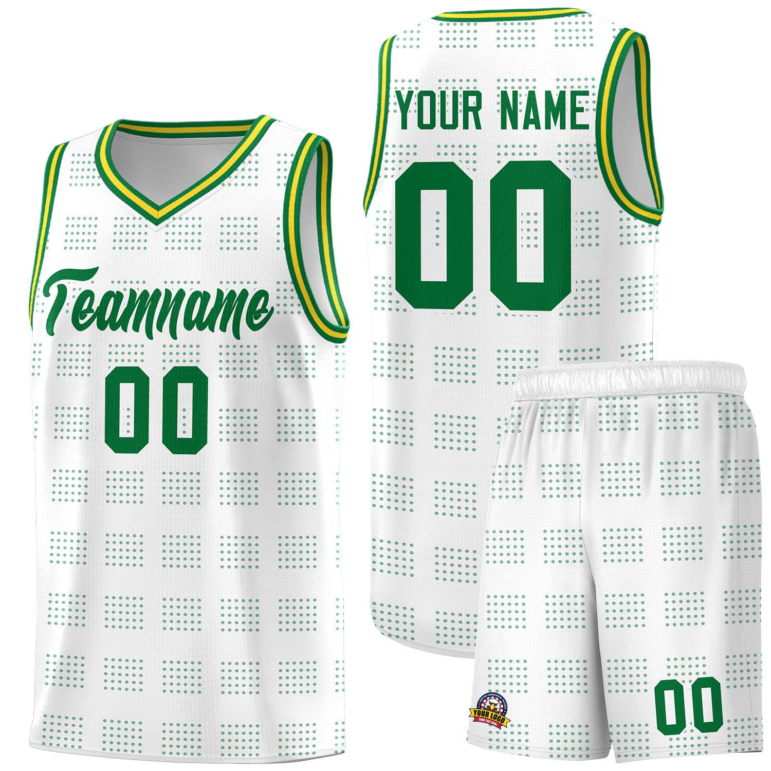 Custom White Kelly Green Trailblazer Dot Pattern Sports Uniform Basketball Jersey