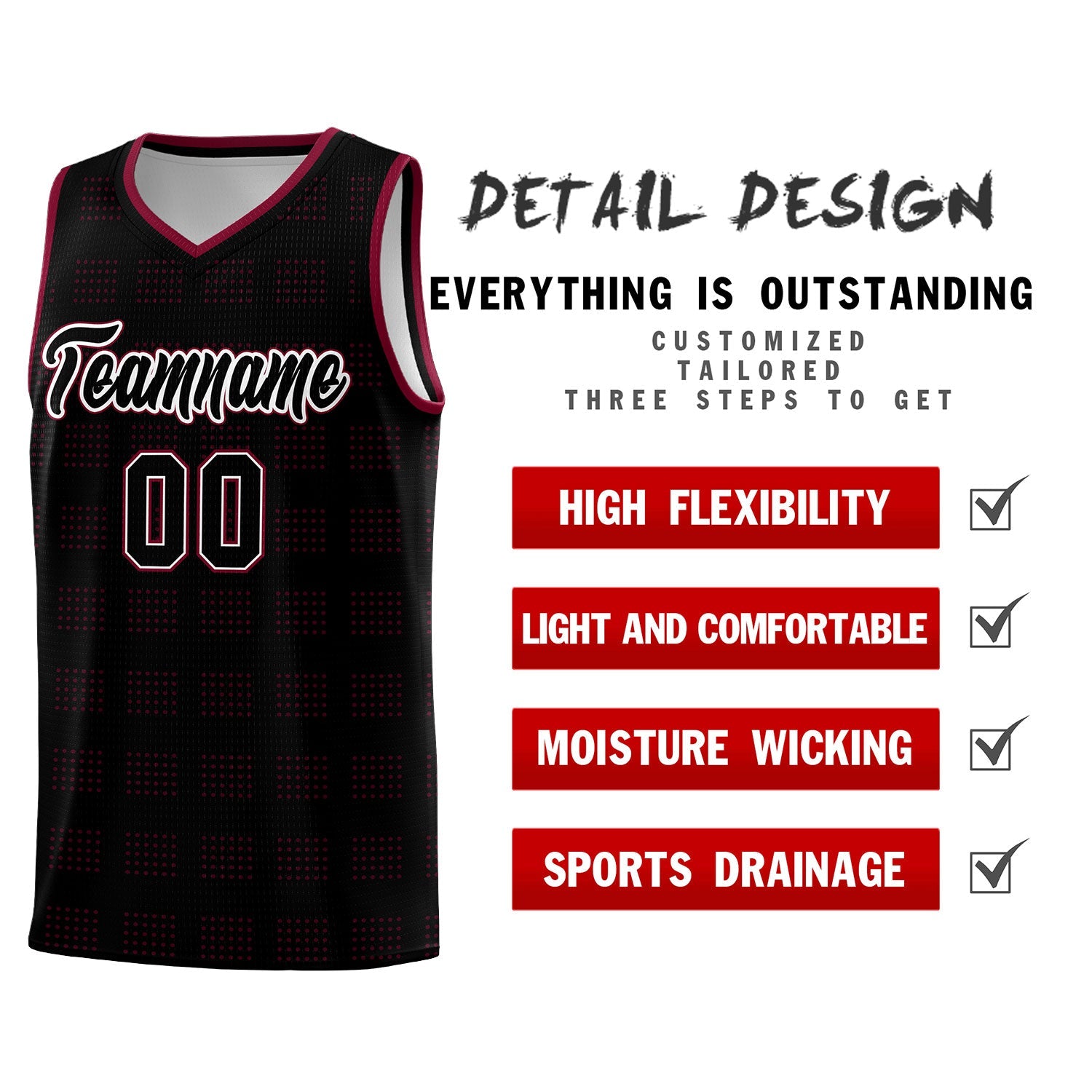 Custom Black Crimson Trailblazer Dot Pattern Sports Uniform Basketball Jersey