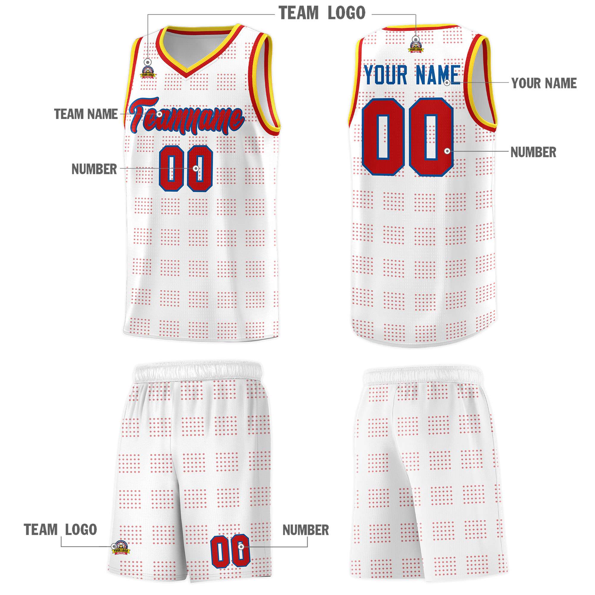 Custom White Red Trailblazer Dot Pattern Sports Uniform Basketball Jersey