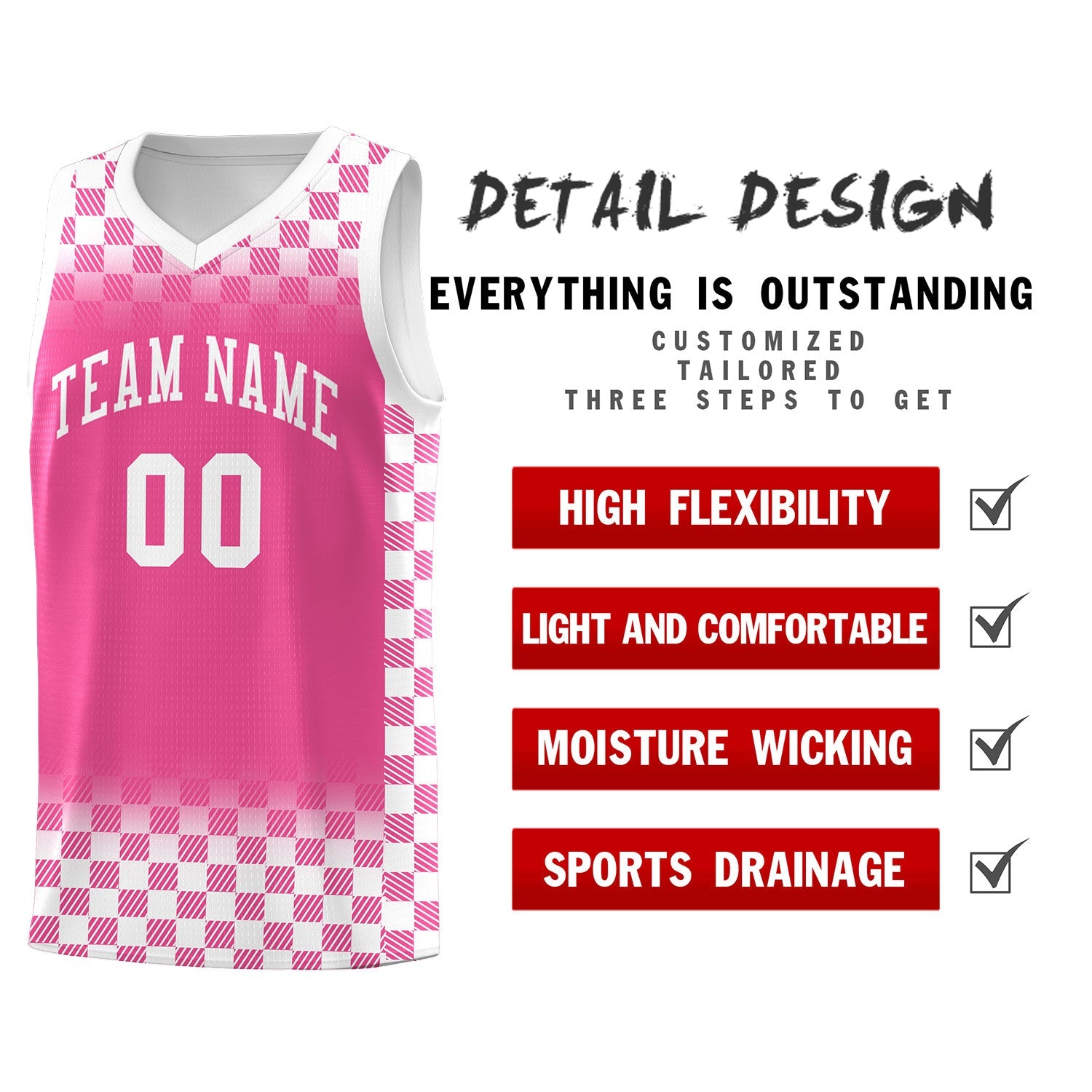 Custom Pink White Classic Plaid Pattern Sports Uniform Basketball Jersey