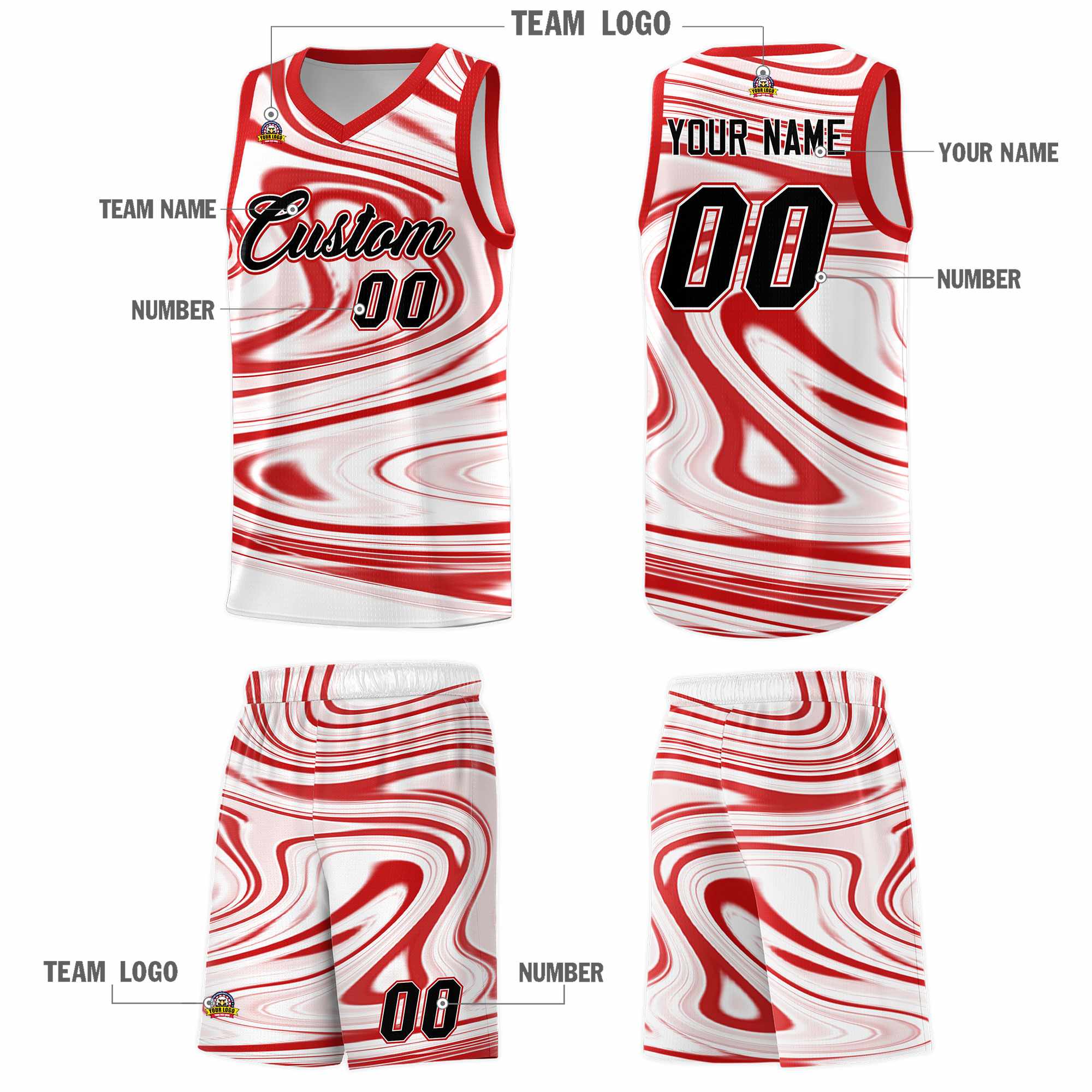 Custom White Red Graffiti Pattern Fluids Style Sports Uniform Basketball Jersey Sets
