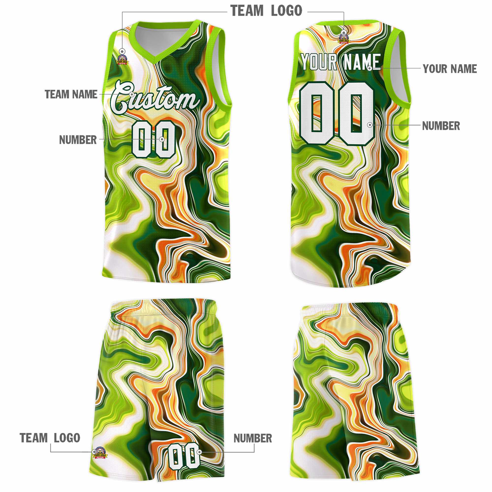 Custom Neon Green Fluid Painting Pattern Sports Uniform Basketball Jersey