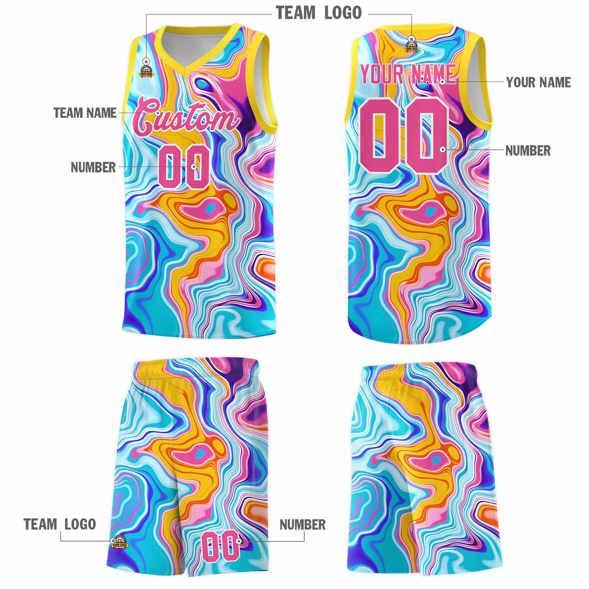 Custom Gold Fluid Painting Pattern Sports Uniform Basketball Jersey