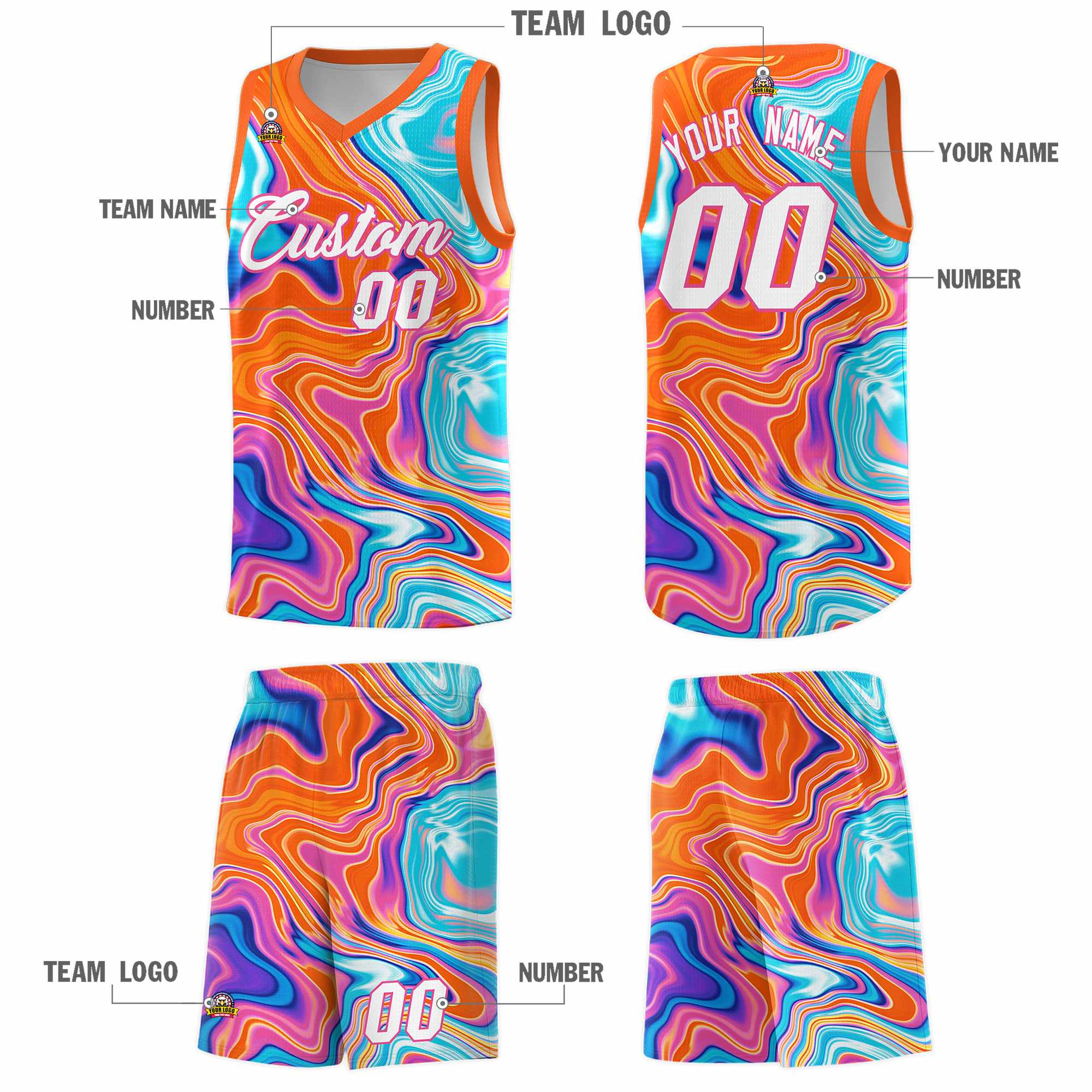 Custom Orange Fluid Painting Pattern Sports Uniform Basketball Jersey