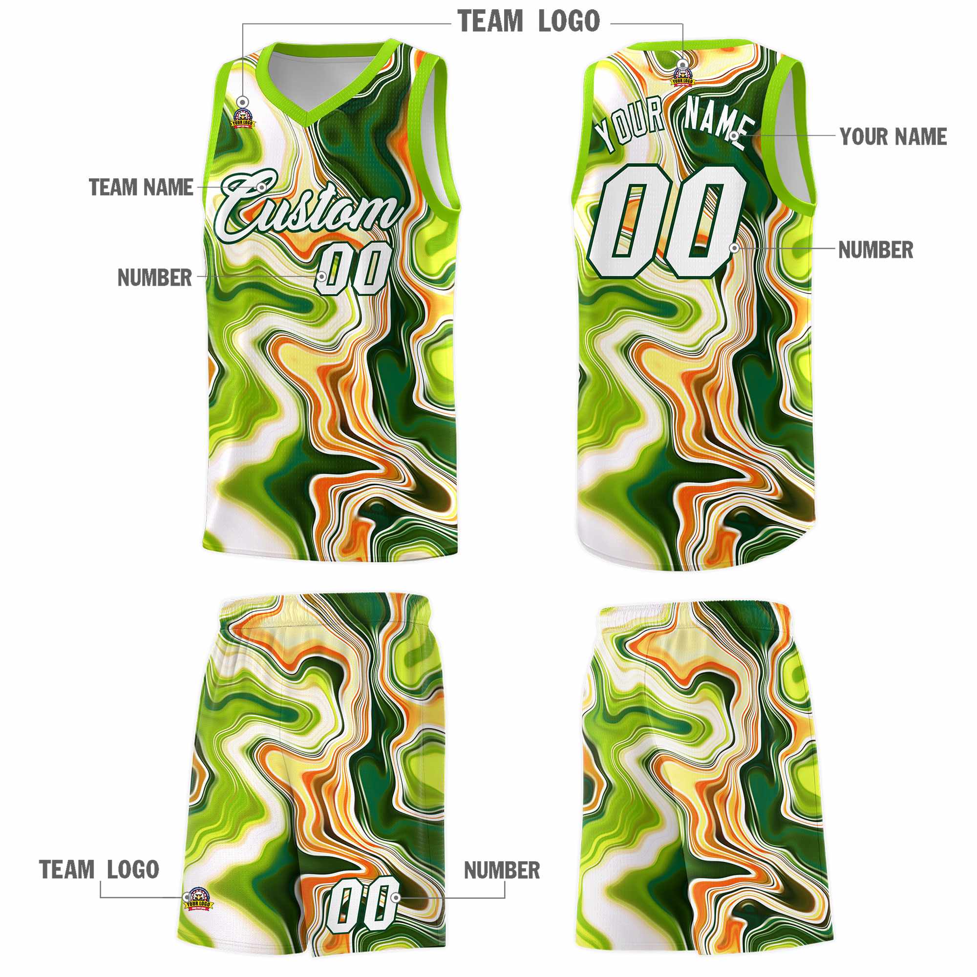 Custom Neon Green Fluid Painting Pattern Sports Uniform Basketball Jersey