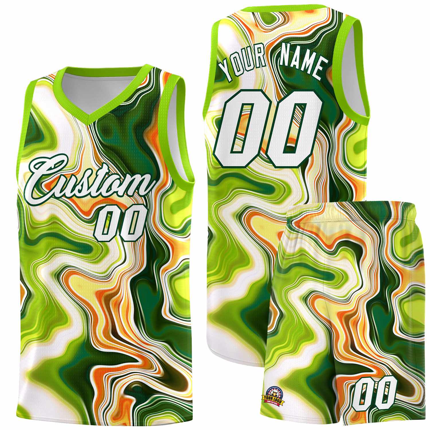 Custom Neon Green Fluid Painting Pattern Sports Uniform Basketball Jersey