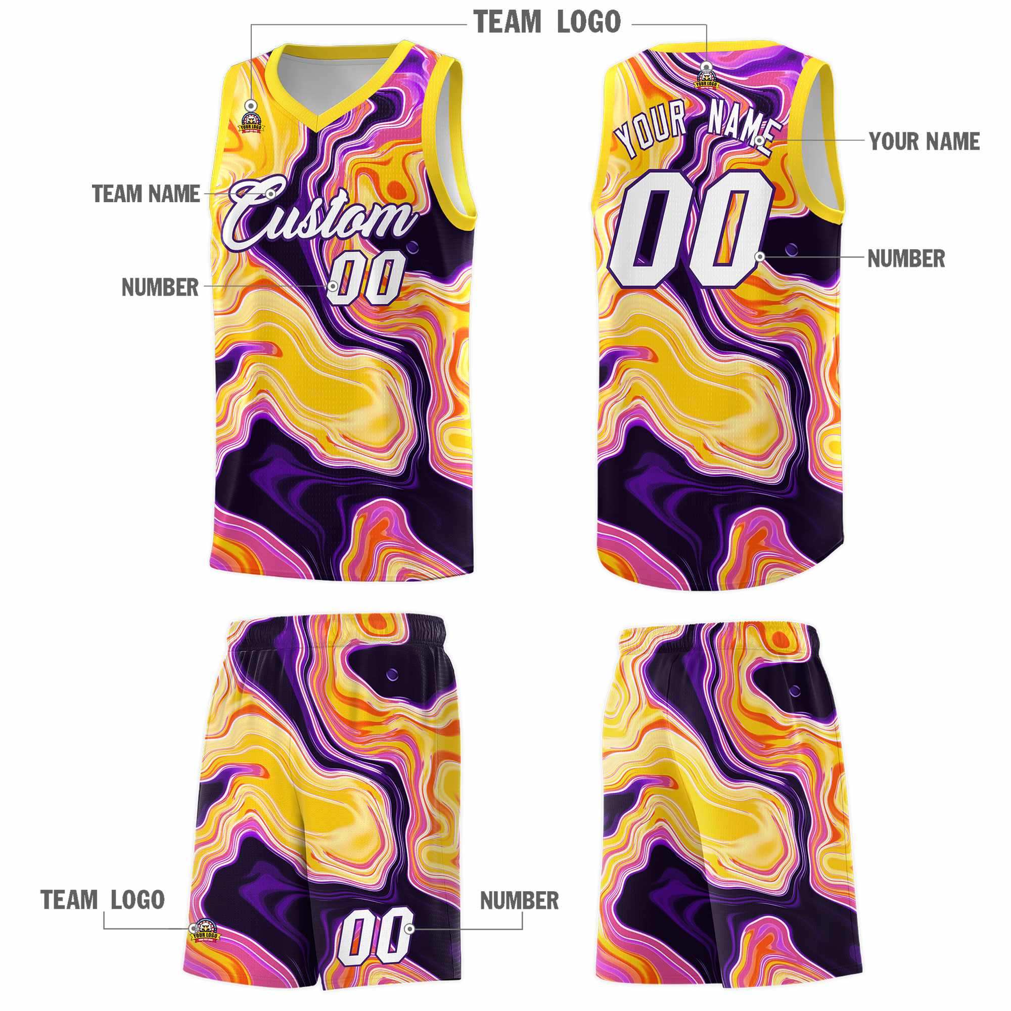 Custom Gold Fluid Painting Pattern Sports Uniform Basketball Jersey