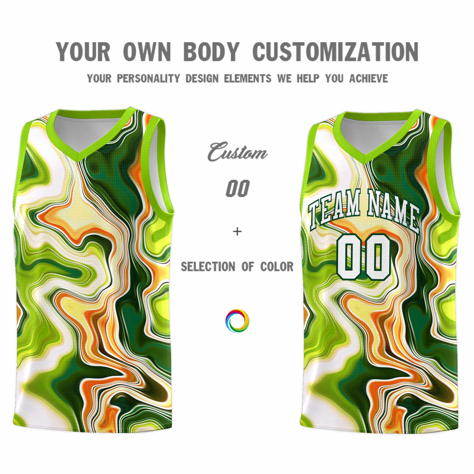 Custom Neon Green Fluid Painting Pattern Sports Uniform Basketball Jersey