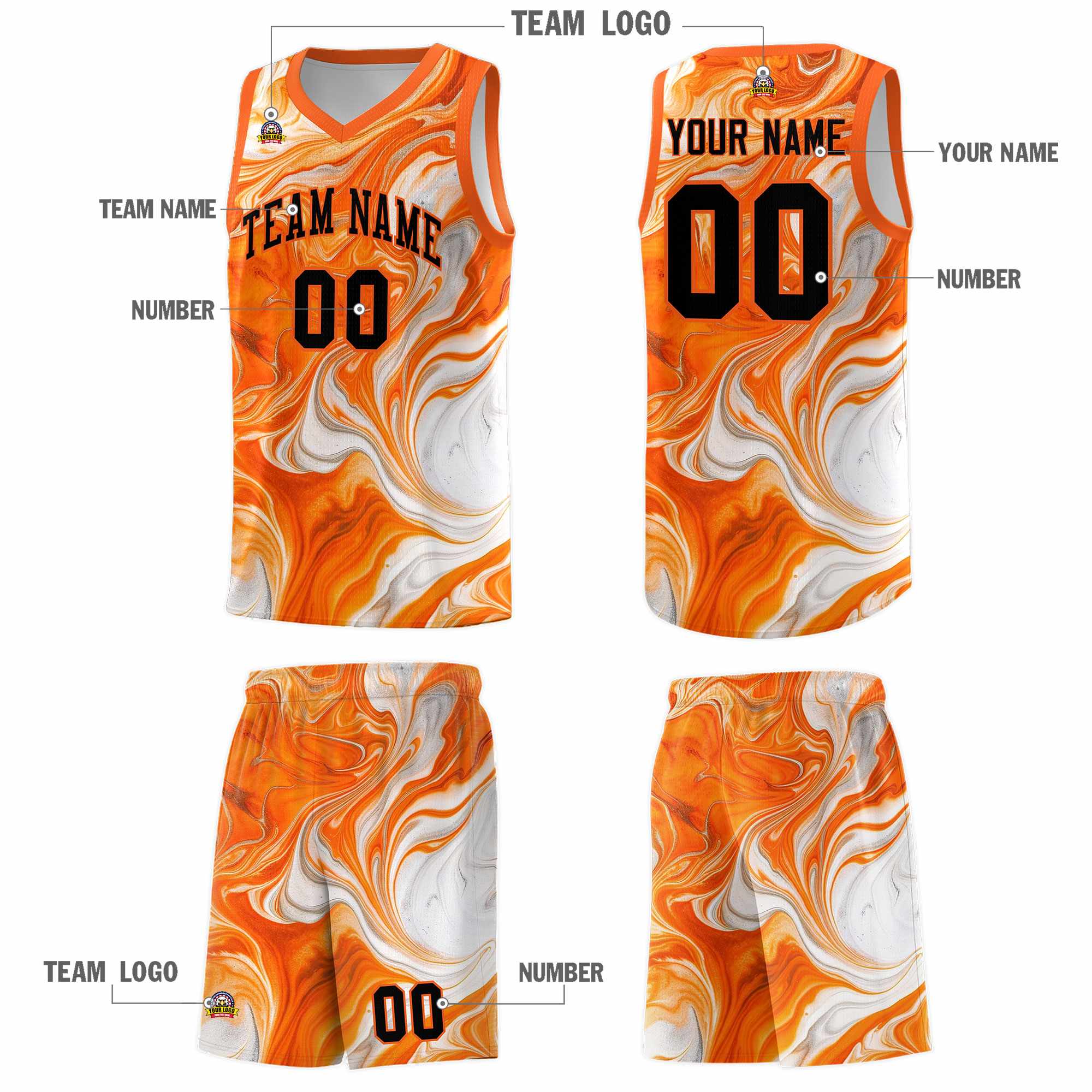 Custom Orange Fluid Painting Pattern Sports Uniform Basketball Jersey