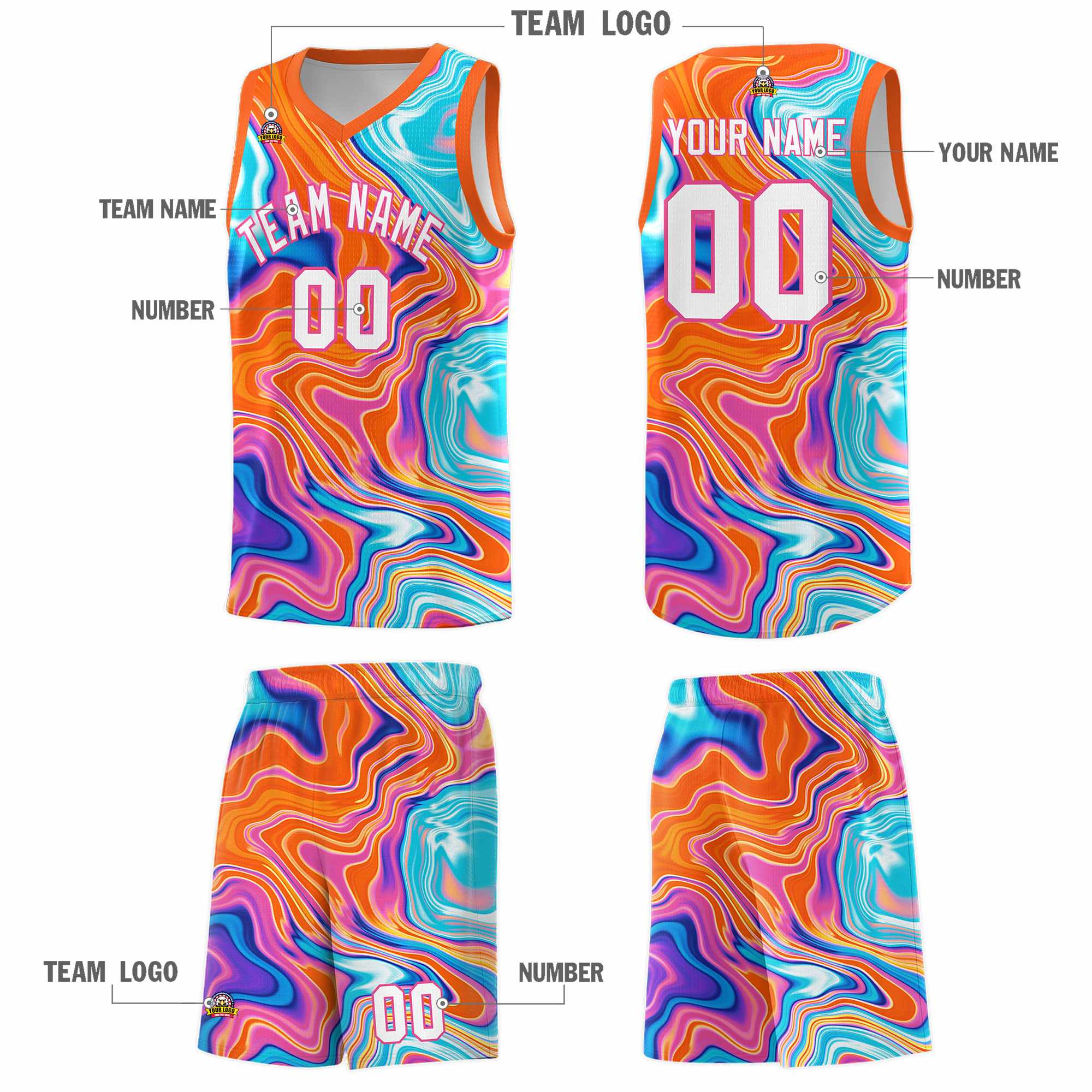 Custom Orange Fluid Painting Pattern Sports Uniform Basketball Jersey