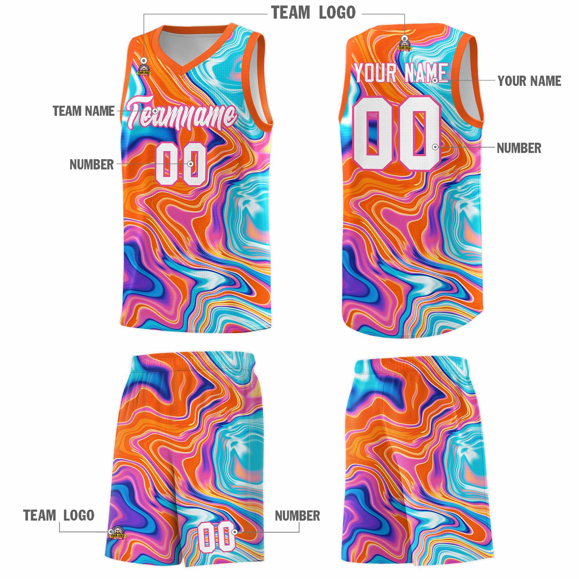 Custom Orange Fluid Painting Pattern Sports Uniform Basketball Jersey